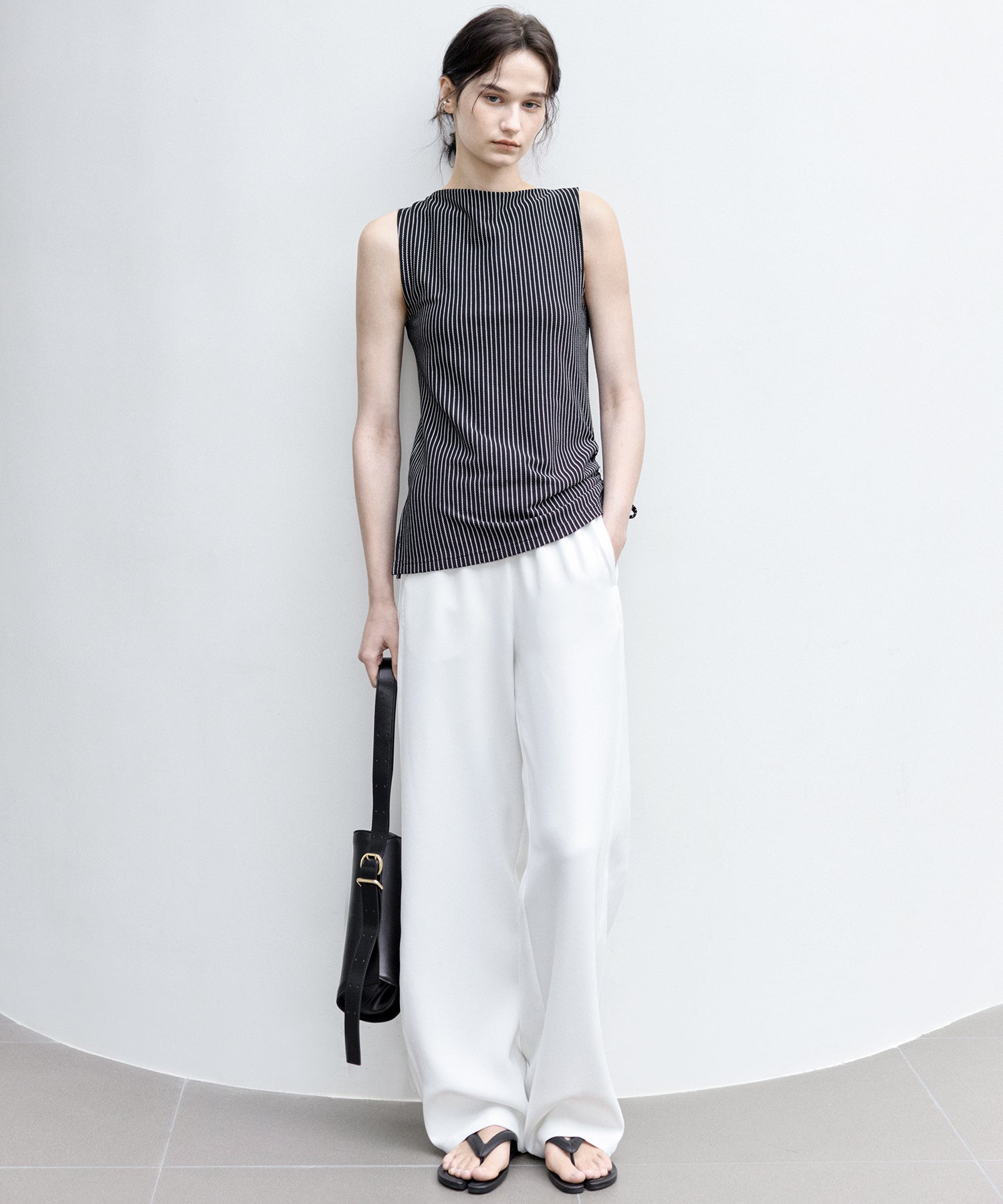 Striped Sleeveless Top with Adjustable Hem & Boat Neck