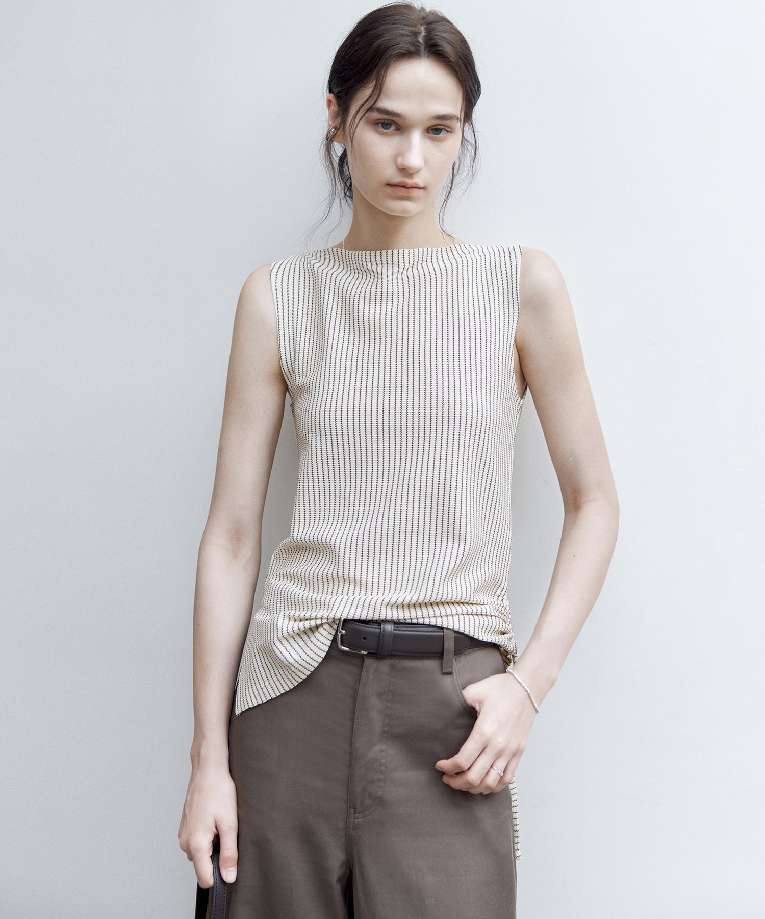 Striped Sleeveless Top with Adjustable Hem & Boat Neck