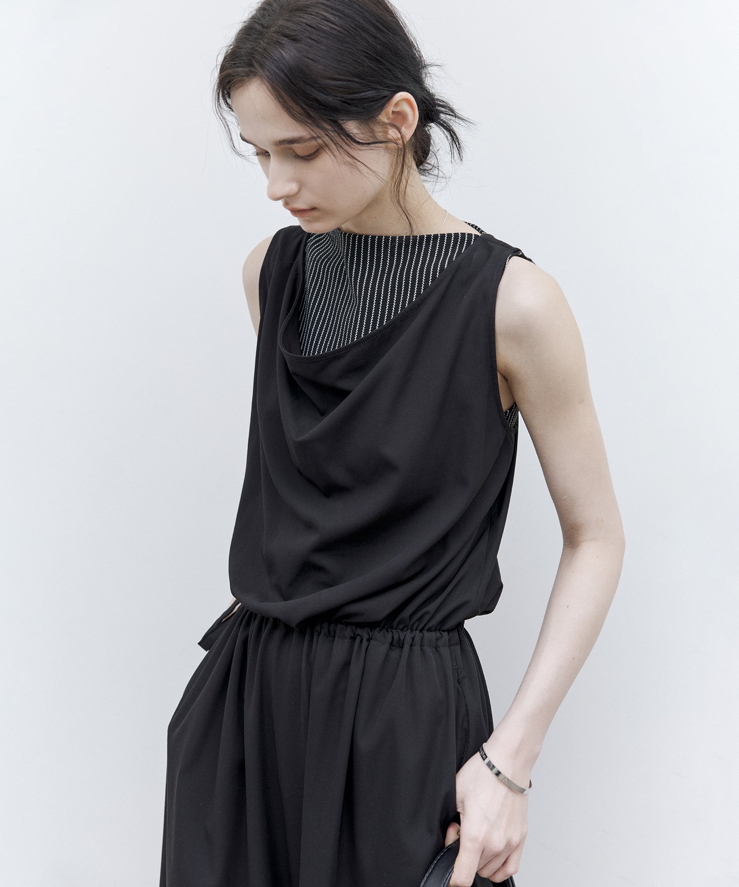 Striped Sleeveless Top with Adjustable Hem & Boat Neck