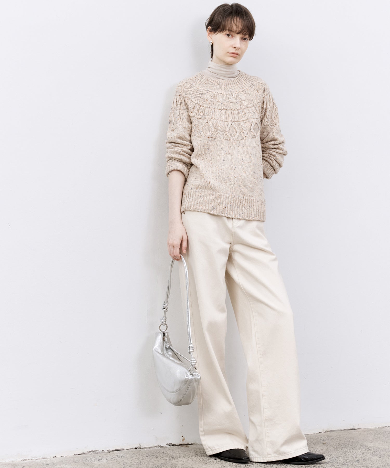 Crew Neck Cable Knit Mélange Sweater