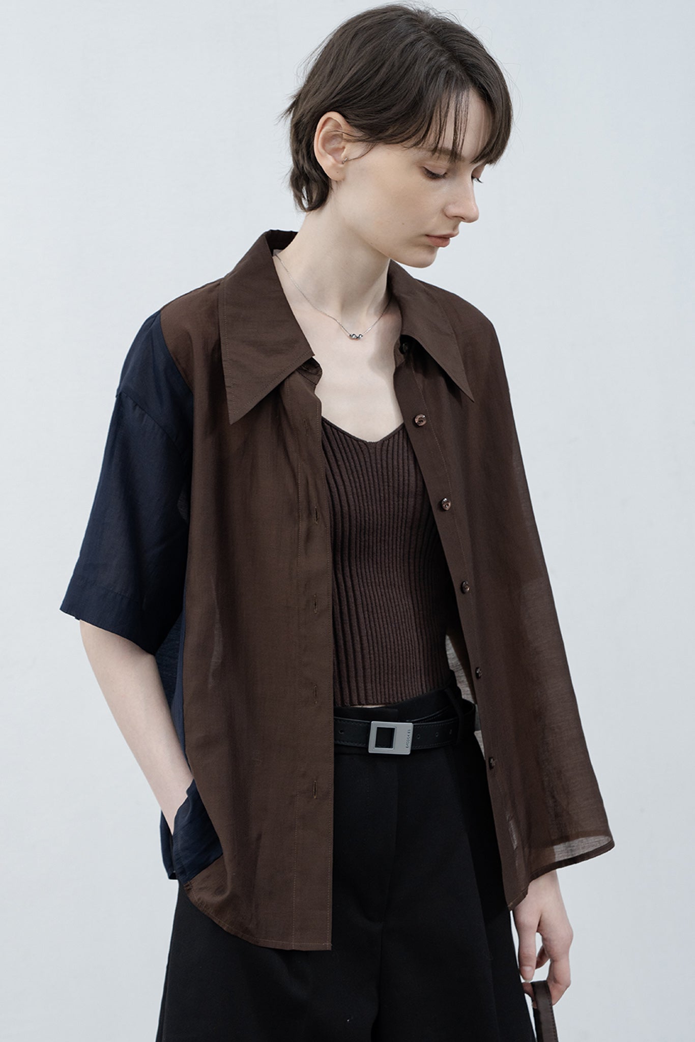 Bicolor switching sheer shirt