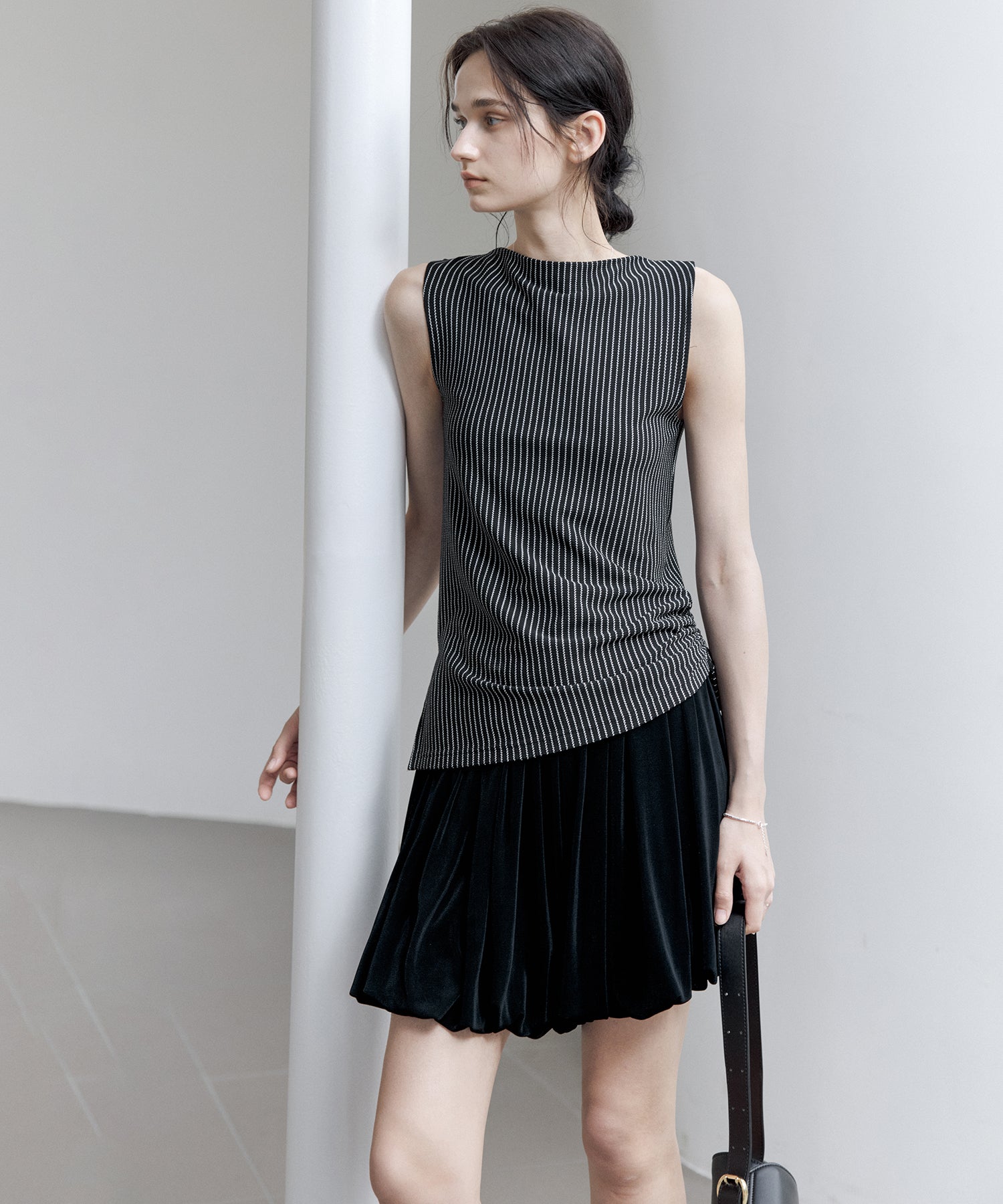 Striped Sleeveless Top with Adjustable Hem & Boat Neck