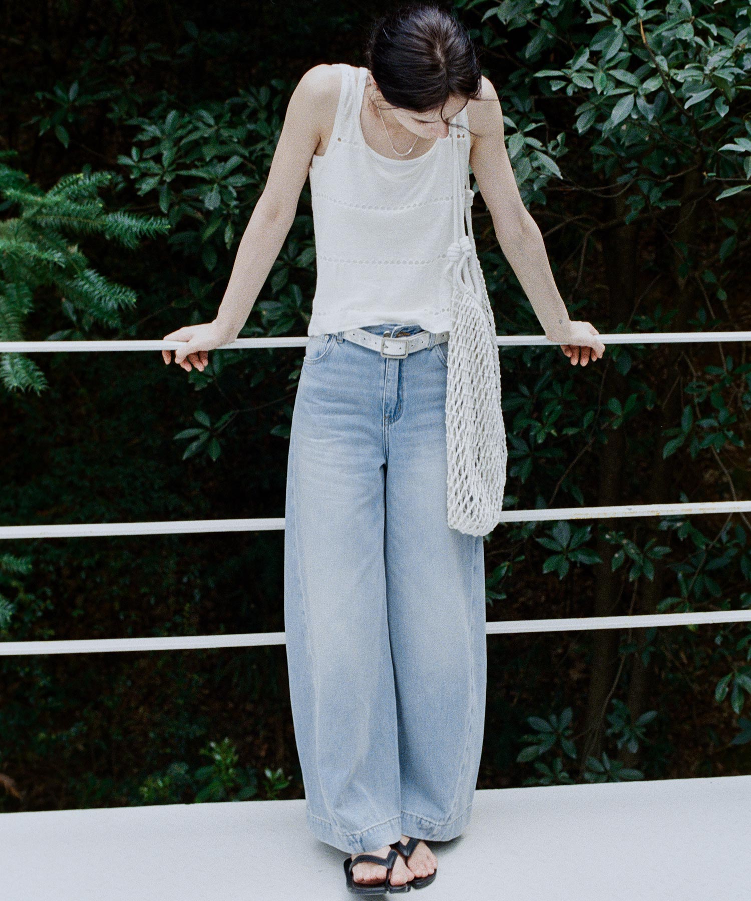 Light Wash Curved Wide-Leg Jeans with High Waist