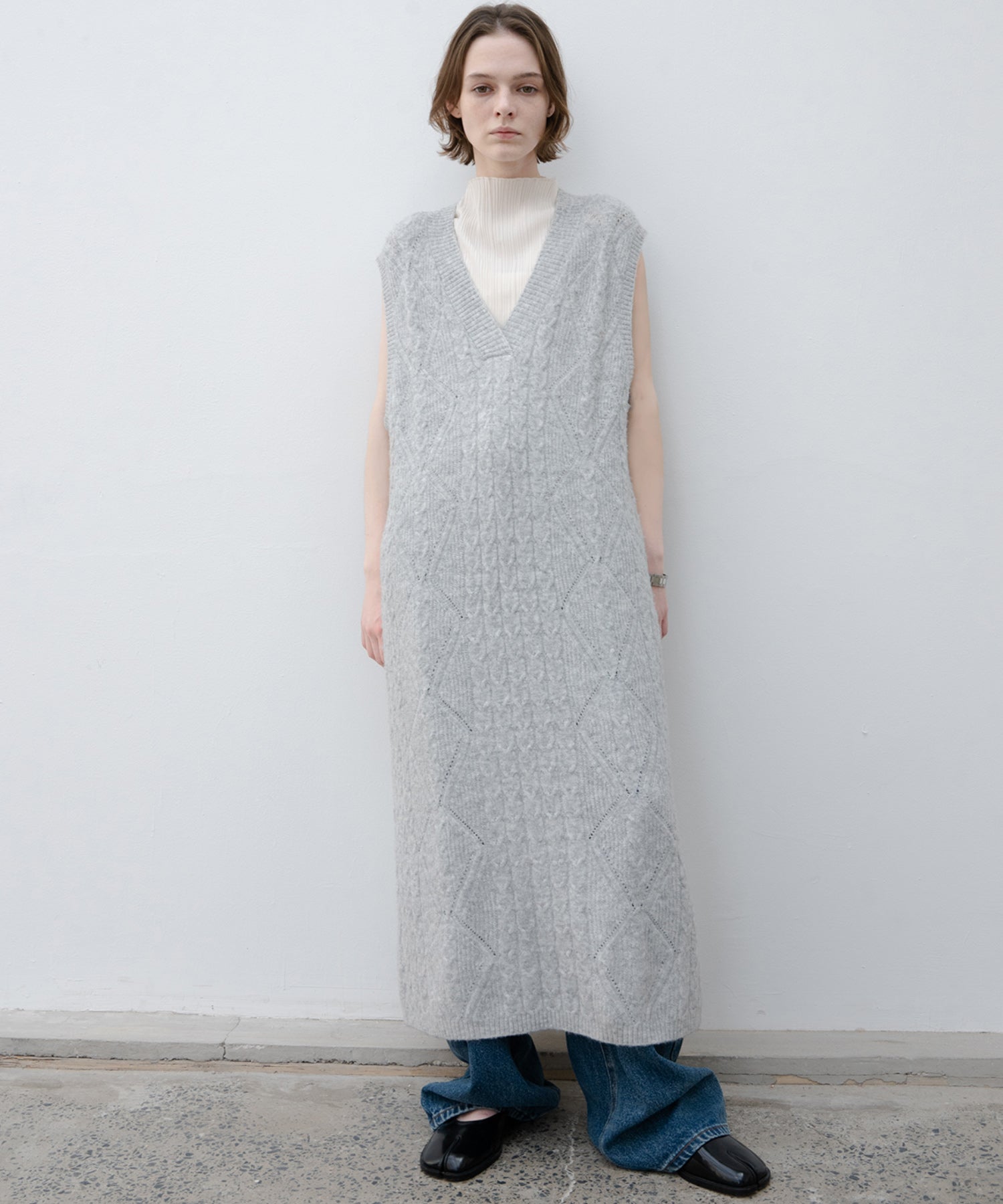 Back Open Cable Knit Long Vest Dress