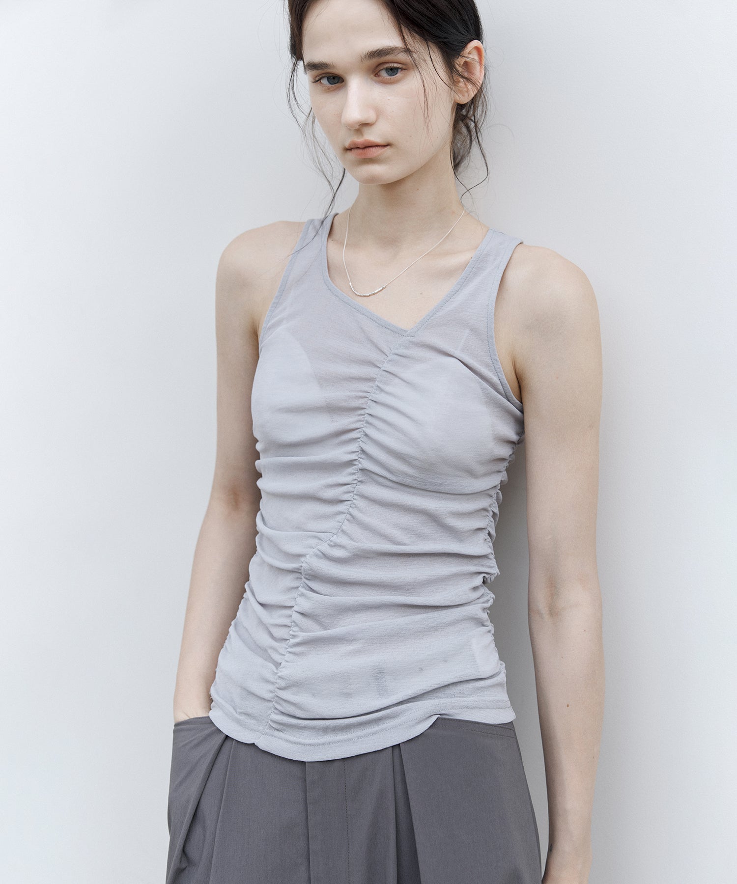 Ruched Checkered Sleeveless Top – Slim Fit Summer Blouse