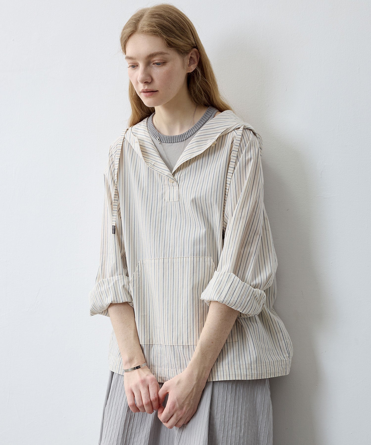 Striped Shirt-Style Pullover Hoodie