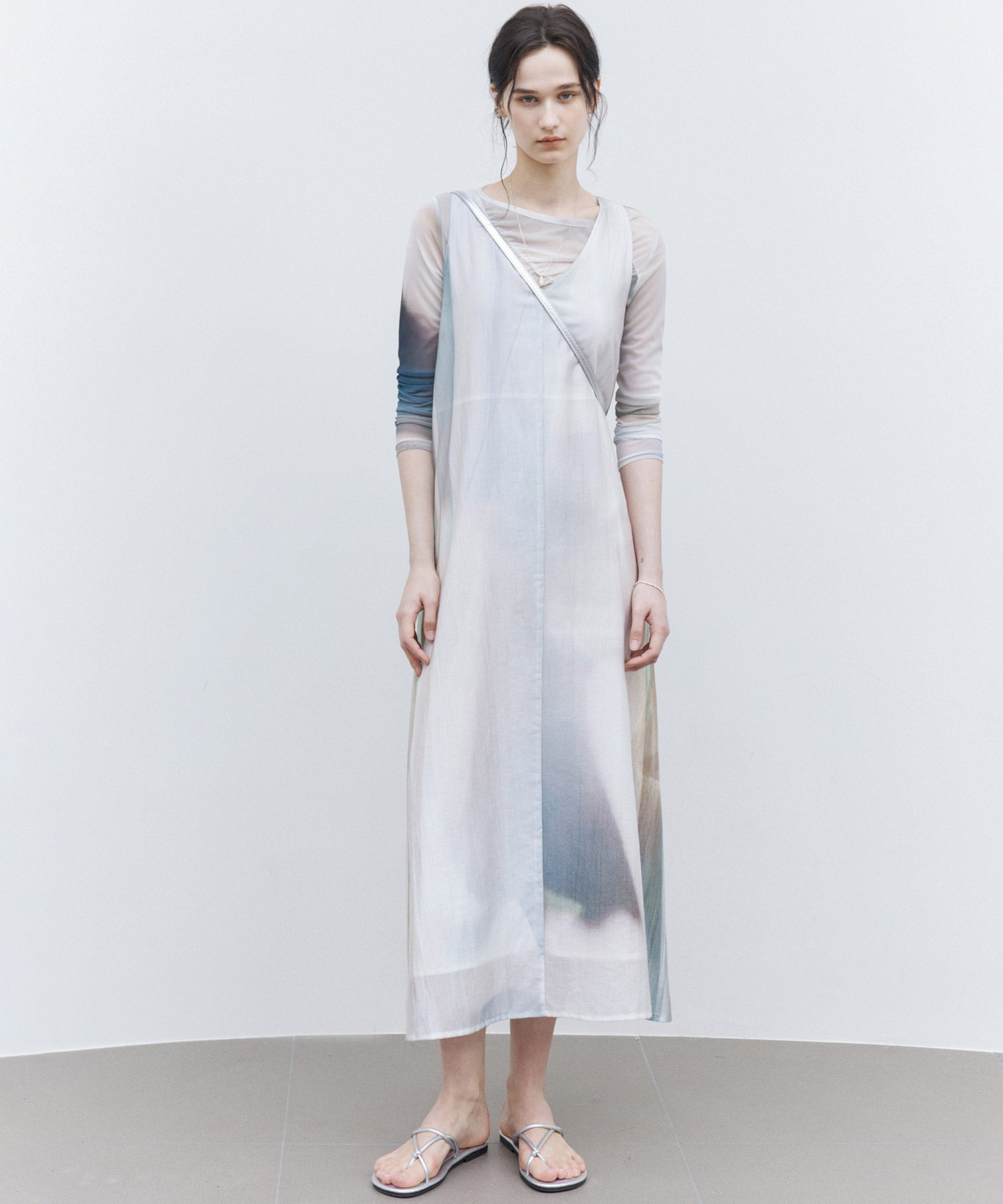 Art Print Sheer Long Sleeve Top with Draped Details