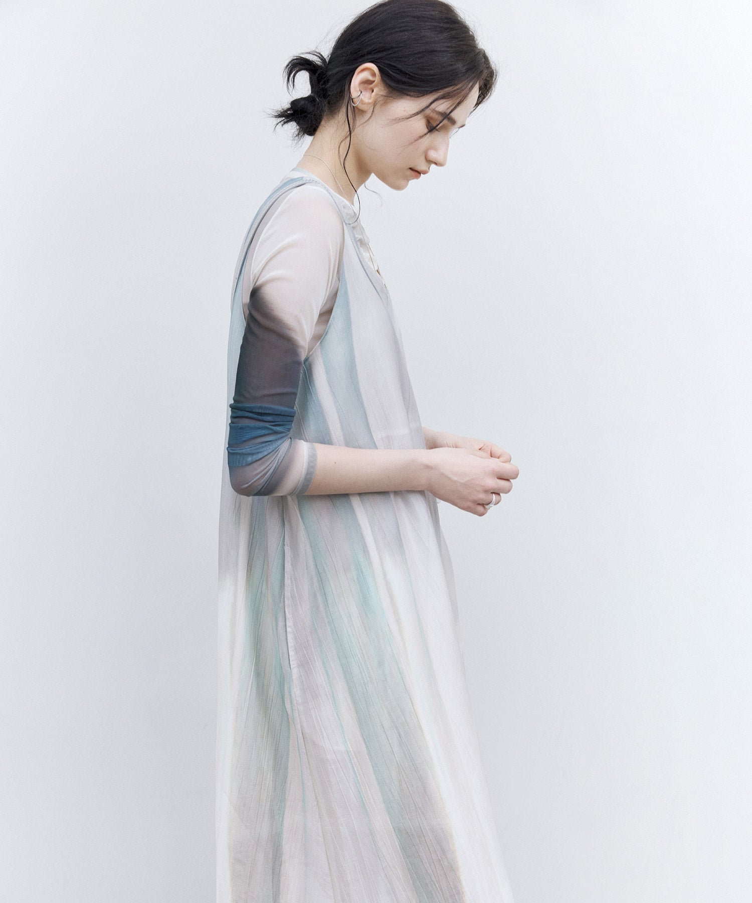 Art Print Sheer Long Sleeve Top with Draped Details