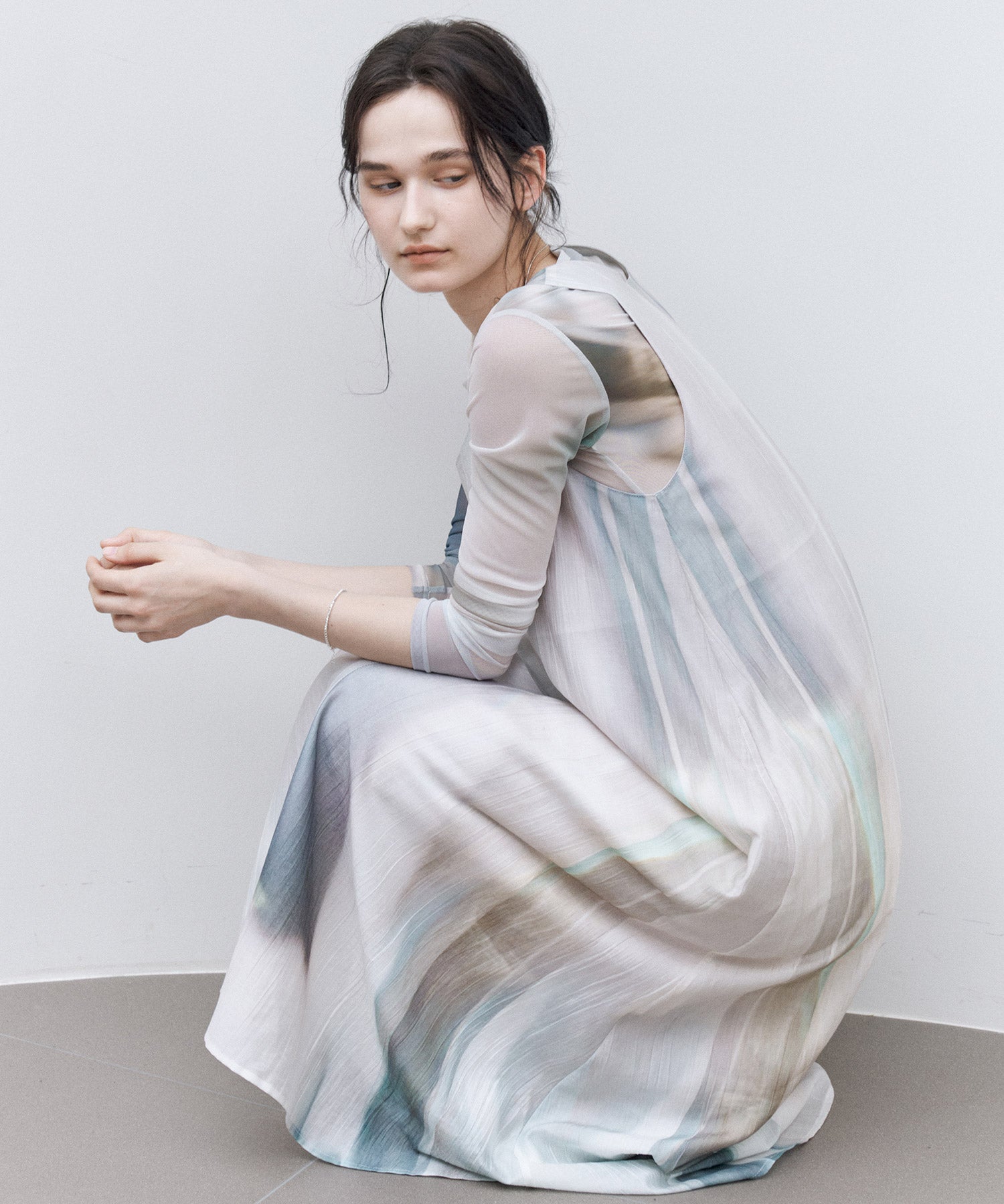 Art Print Sheer Long Sleeve Top with Draped Details