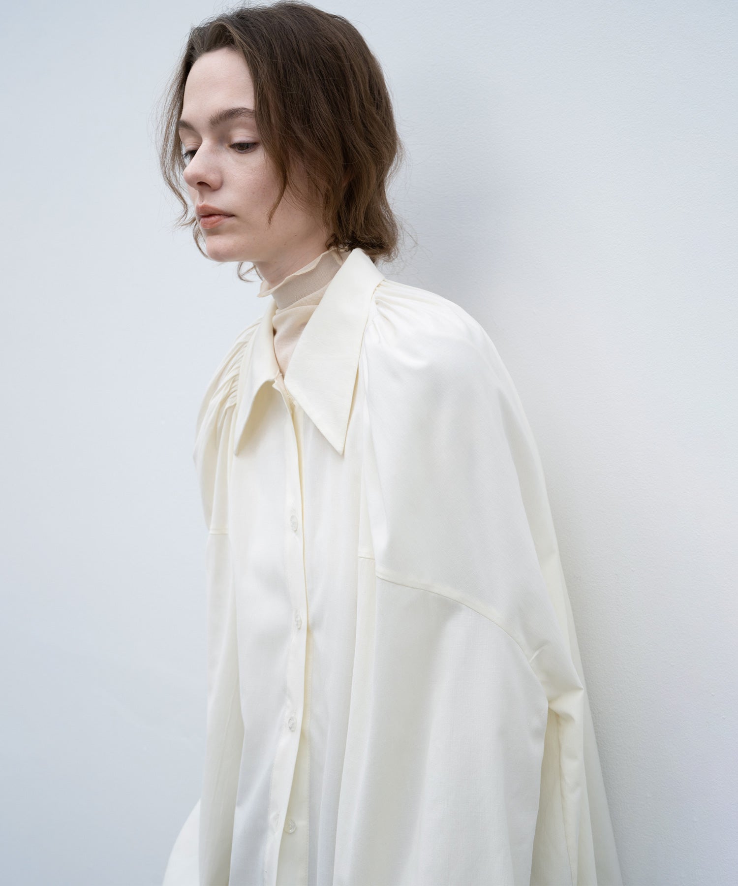 Gathered Tuck Shoulder Volume Sleeve Oversized Shirt