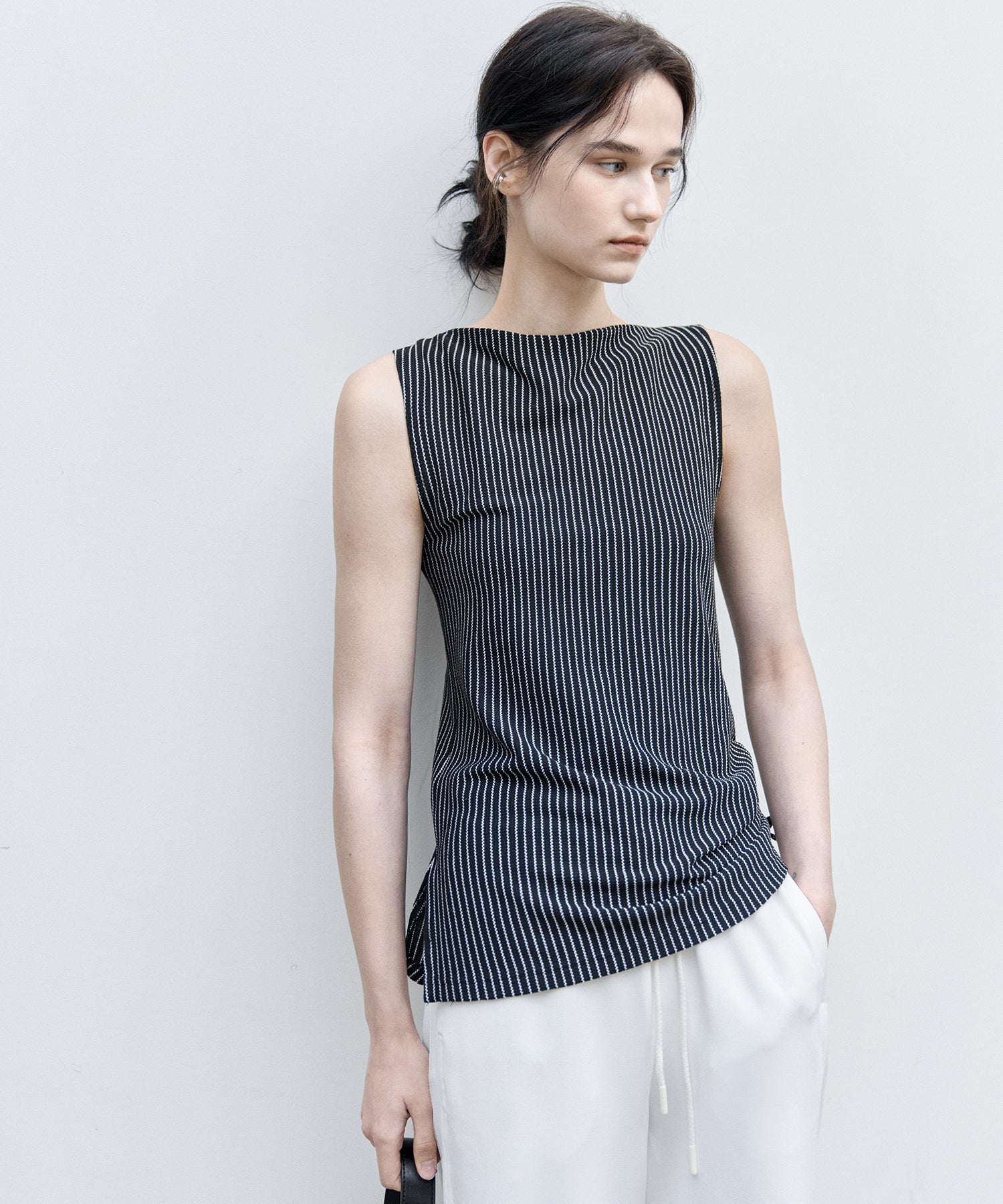 Striped Sleeveless Top with Adjustable Hem & Boat Neck
