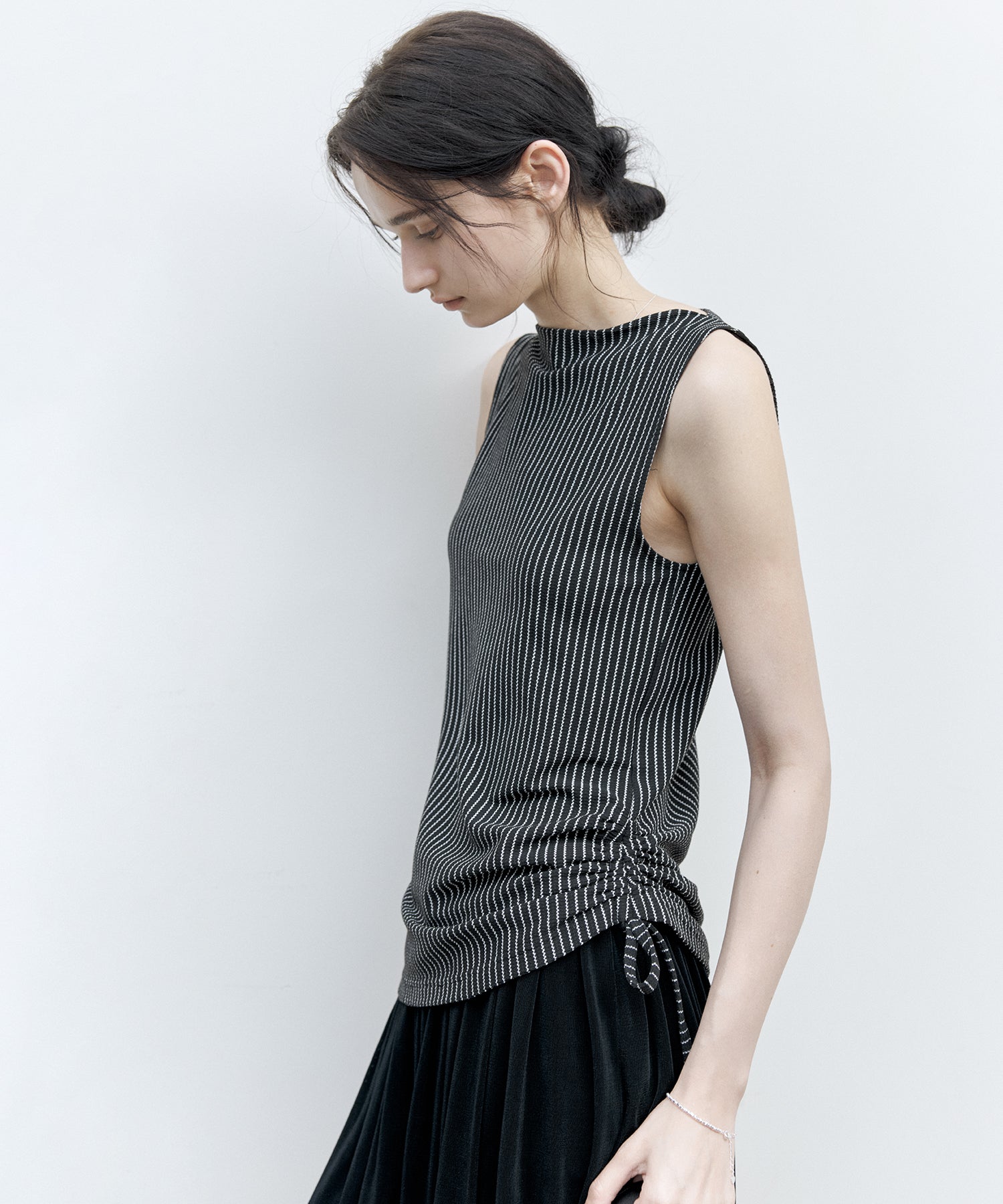 Striped Sleeveless Top with Adjustable Hem & Boat Neck