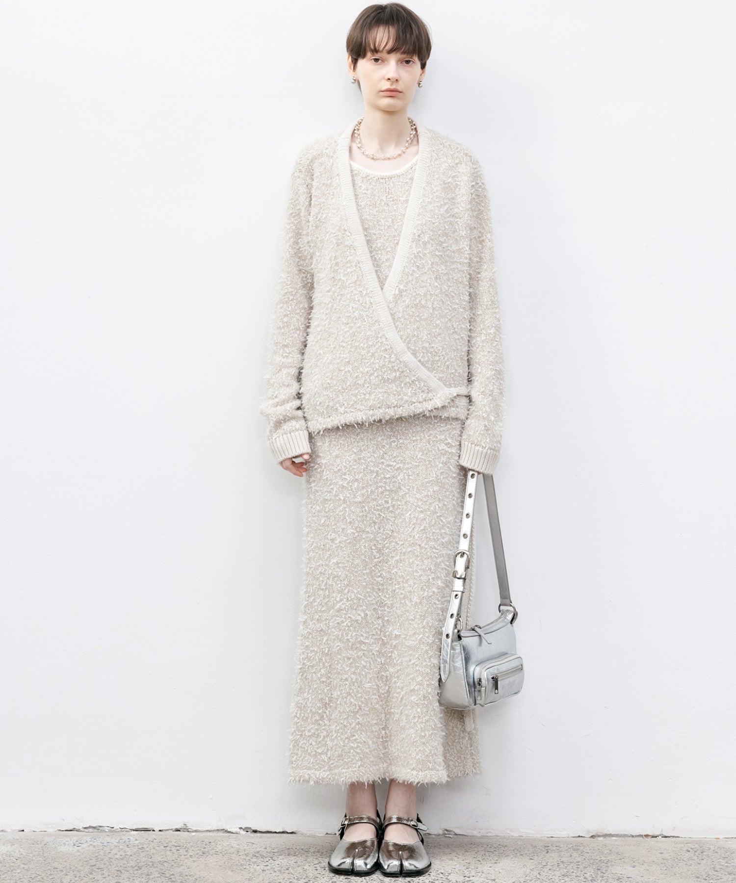 Tweed-Like V-Neck Knit Cardigan