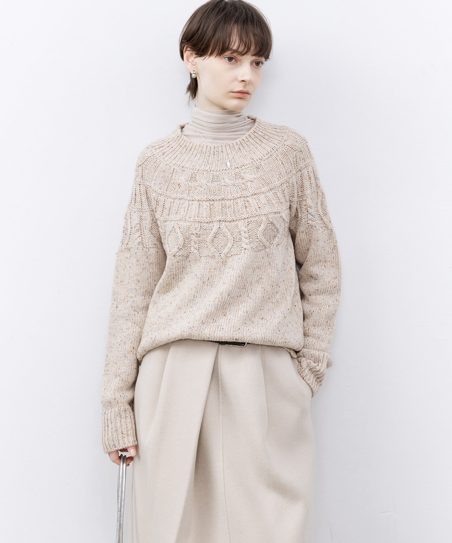 Crew Neck Cable Knit Mélange Sweater