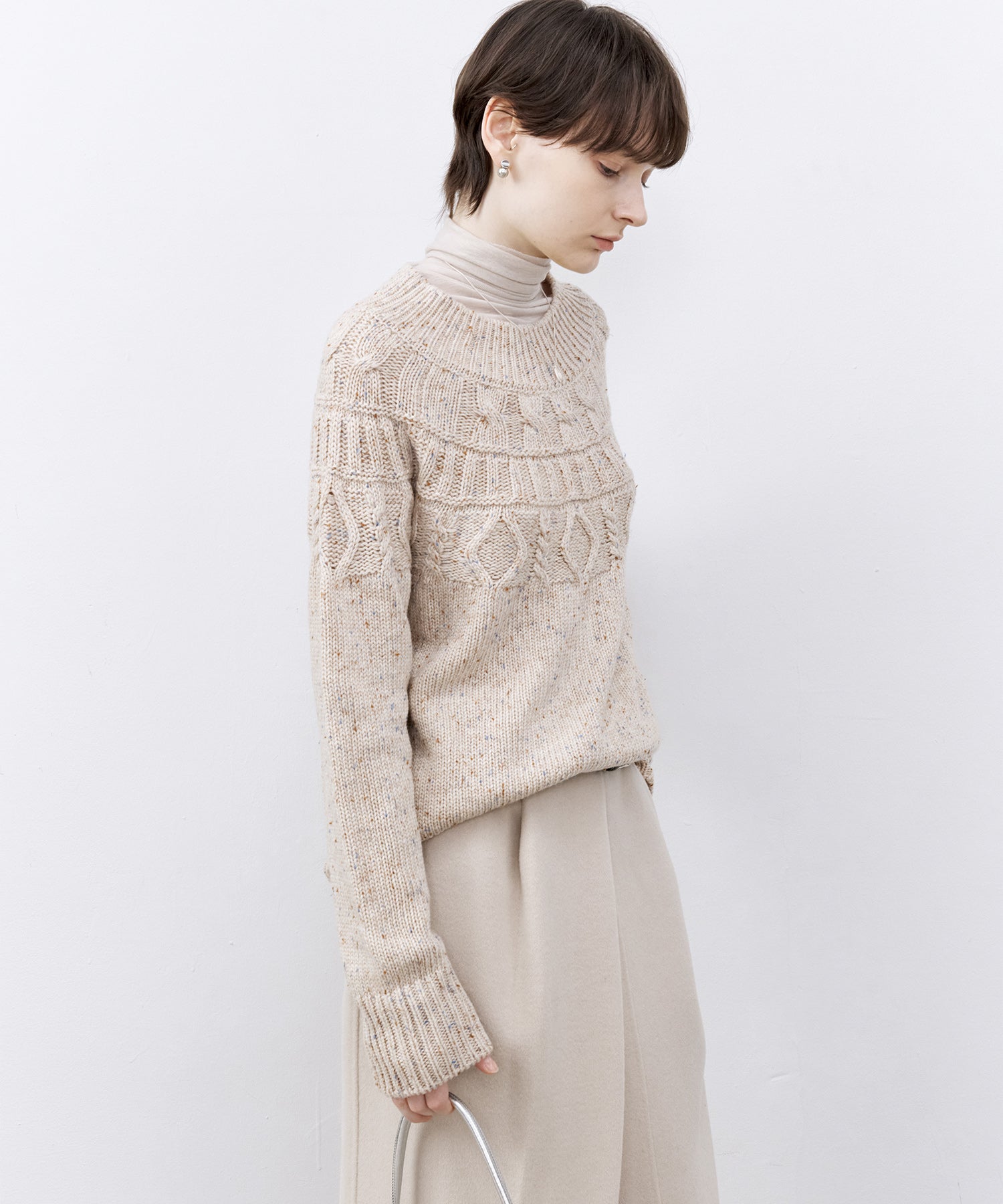 Crew Neck Cable Knit Mélange Sweater