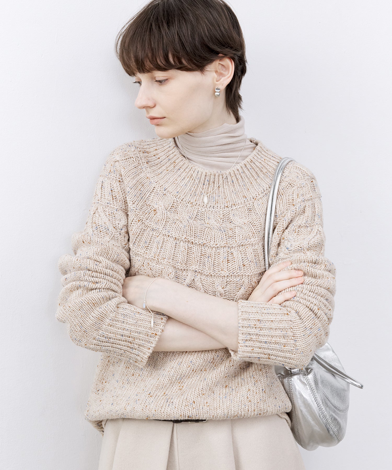 Crew Neck Cable Knit Mélange Sweater