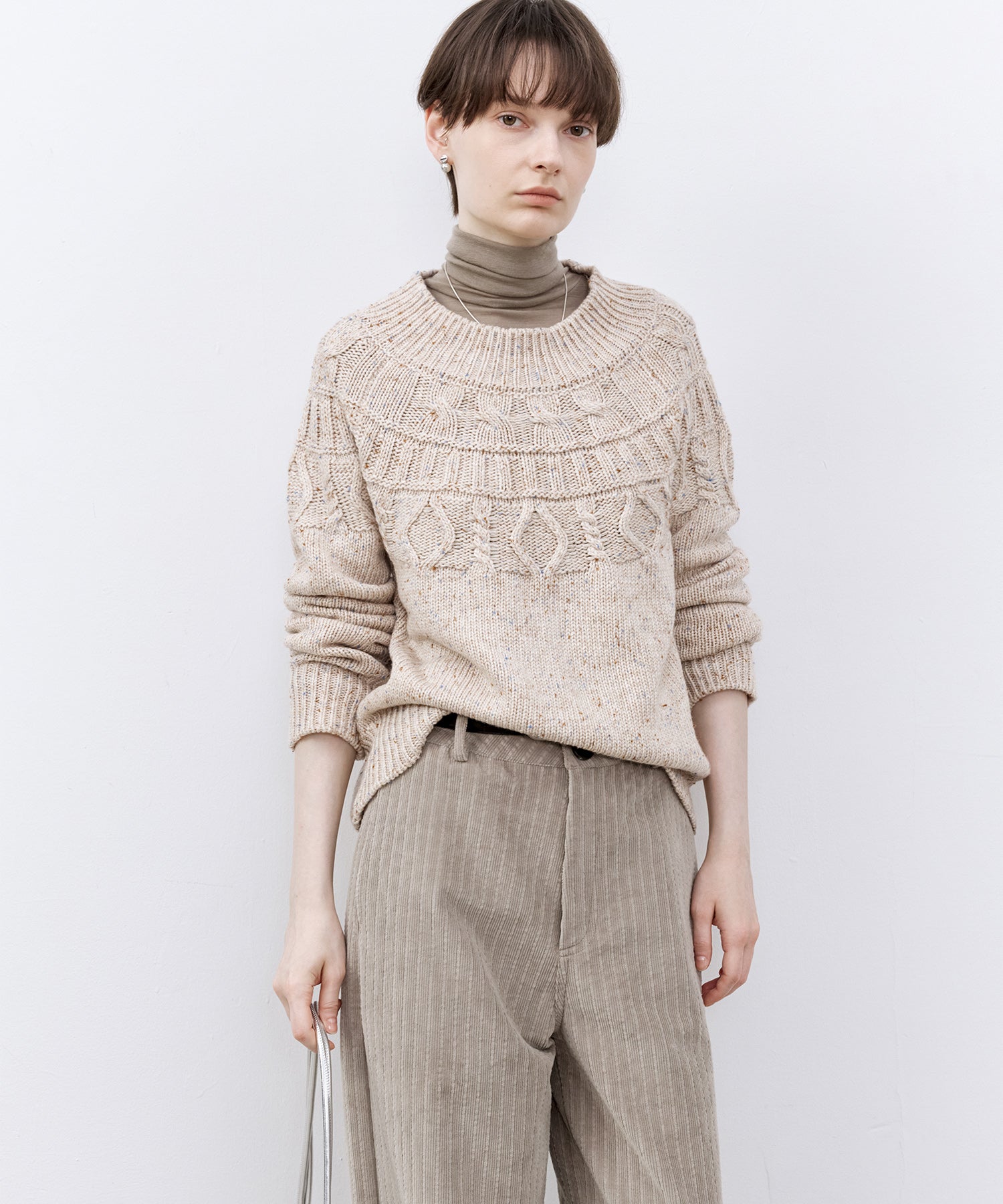 Crew Neck Cable Knit Mélange Sweater