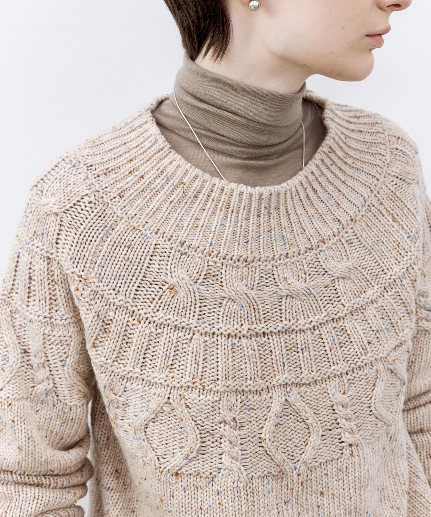 Crew Neck Cable Knit Mélange Sweater