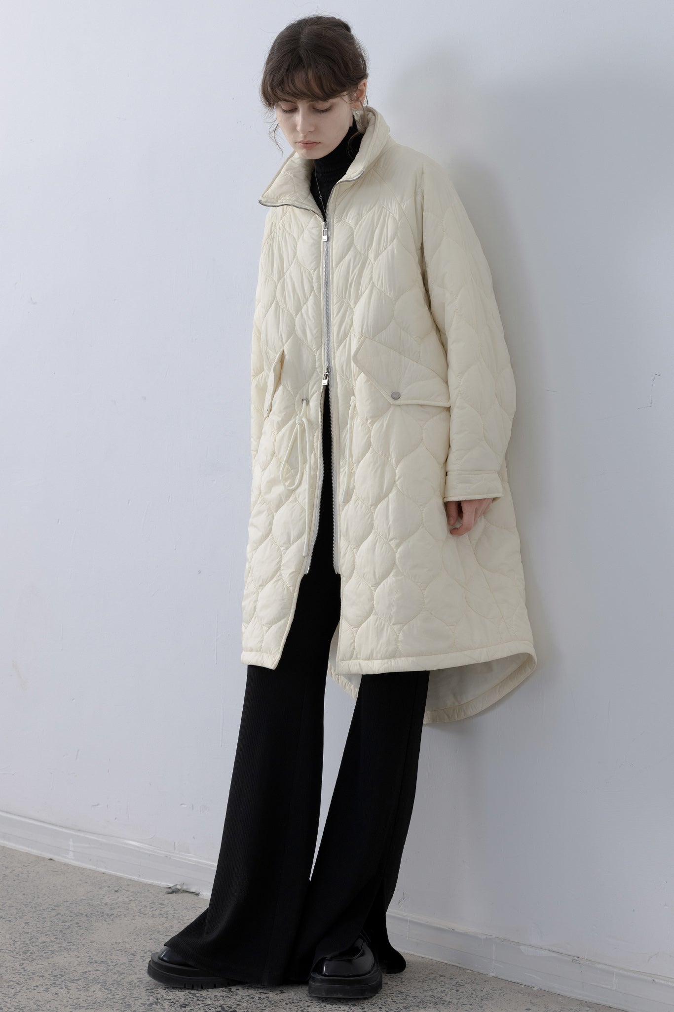 Irregular hem oversized volume quilted long coat 