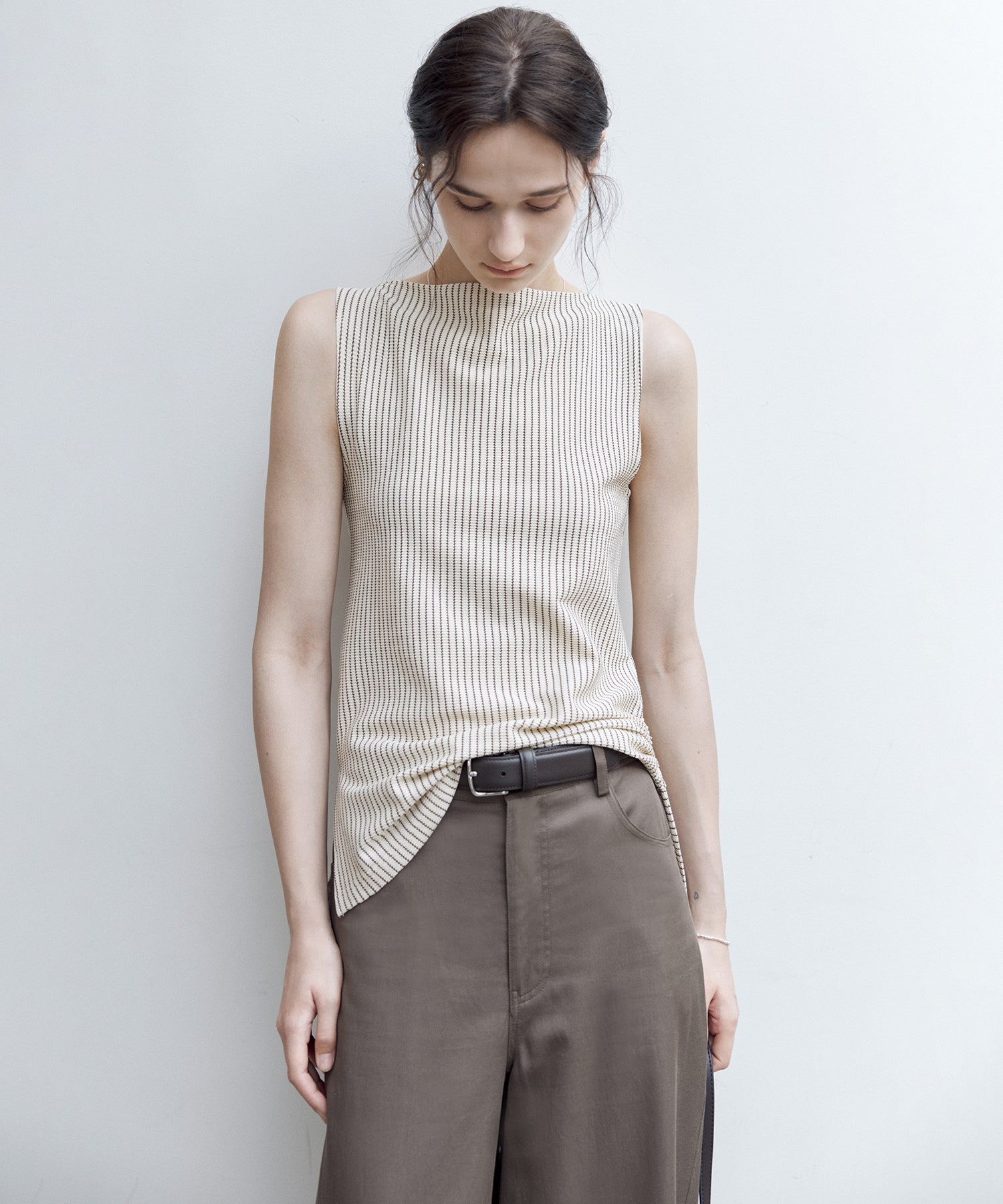 Striped Sleeveless Top with Adjustable Hem & Boat Neck
