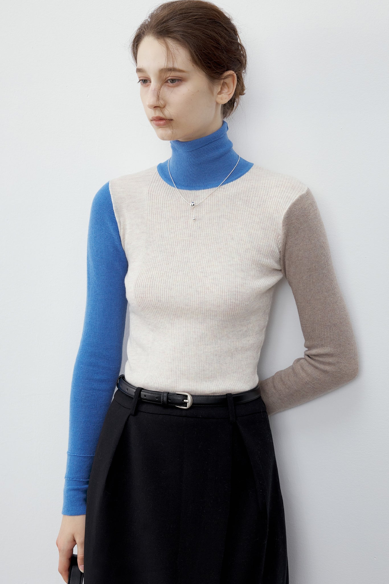 [tageechita] Bicolor high neck wool knit tops