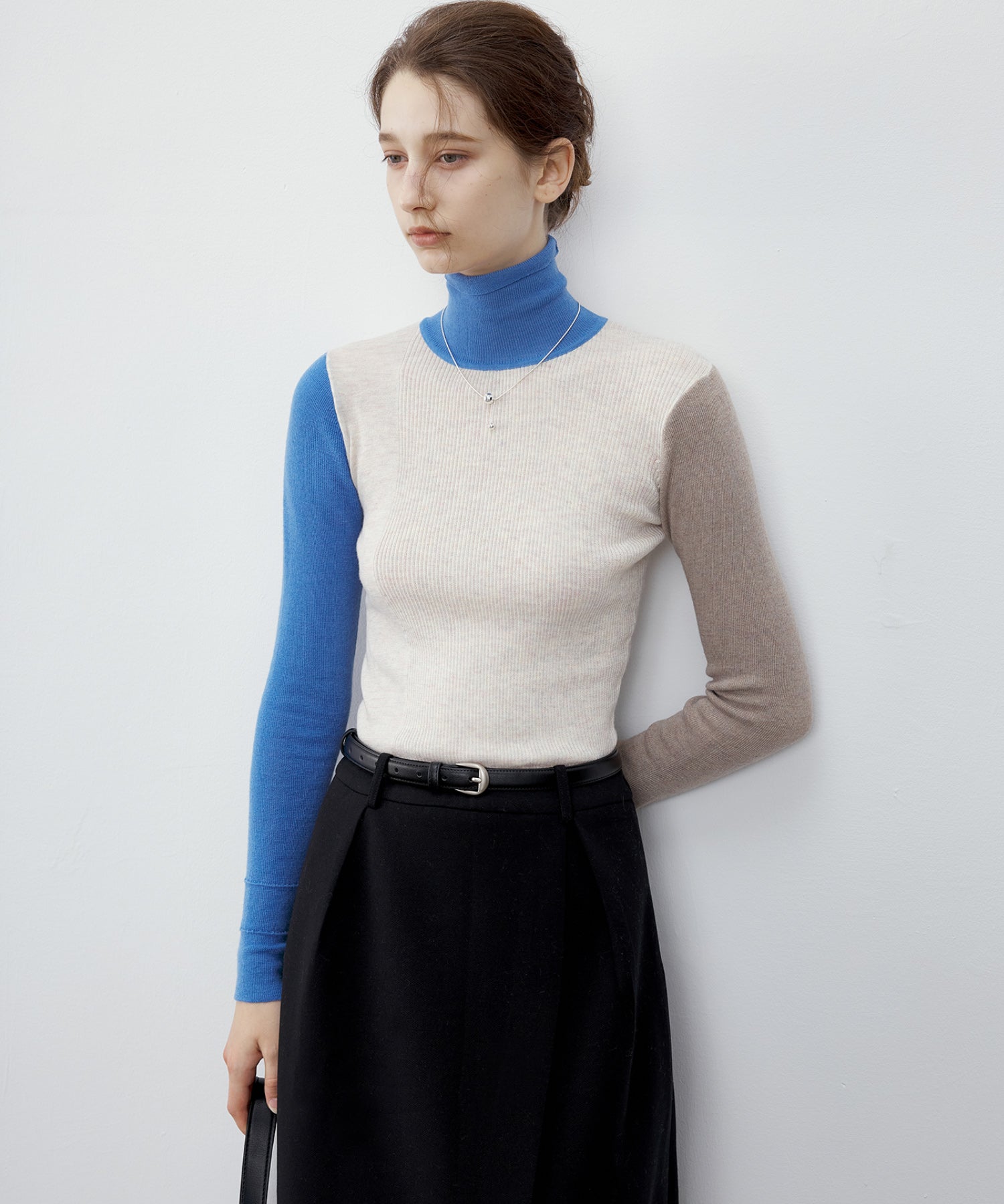 [tageechita] Bicolor high neck wool knit tops