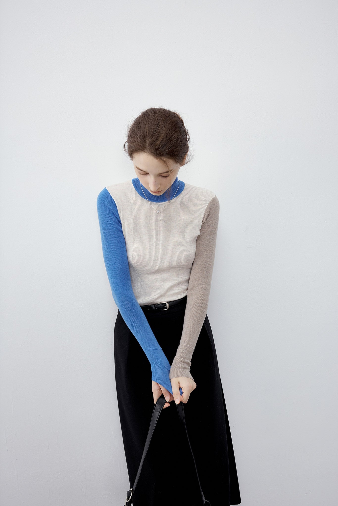 [tageechita] Bicolor high neck wool knit tops