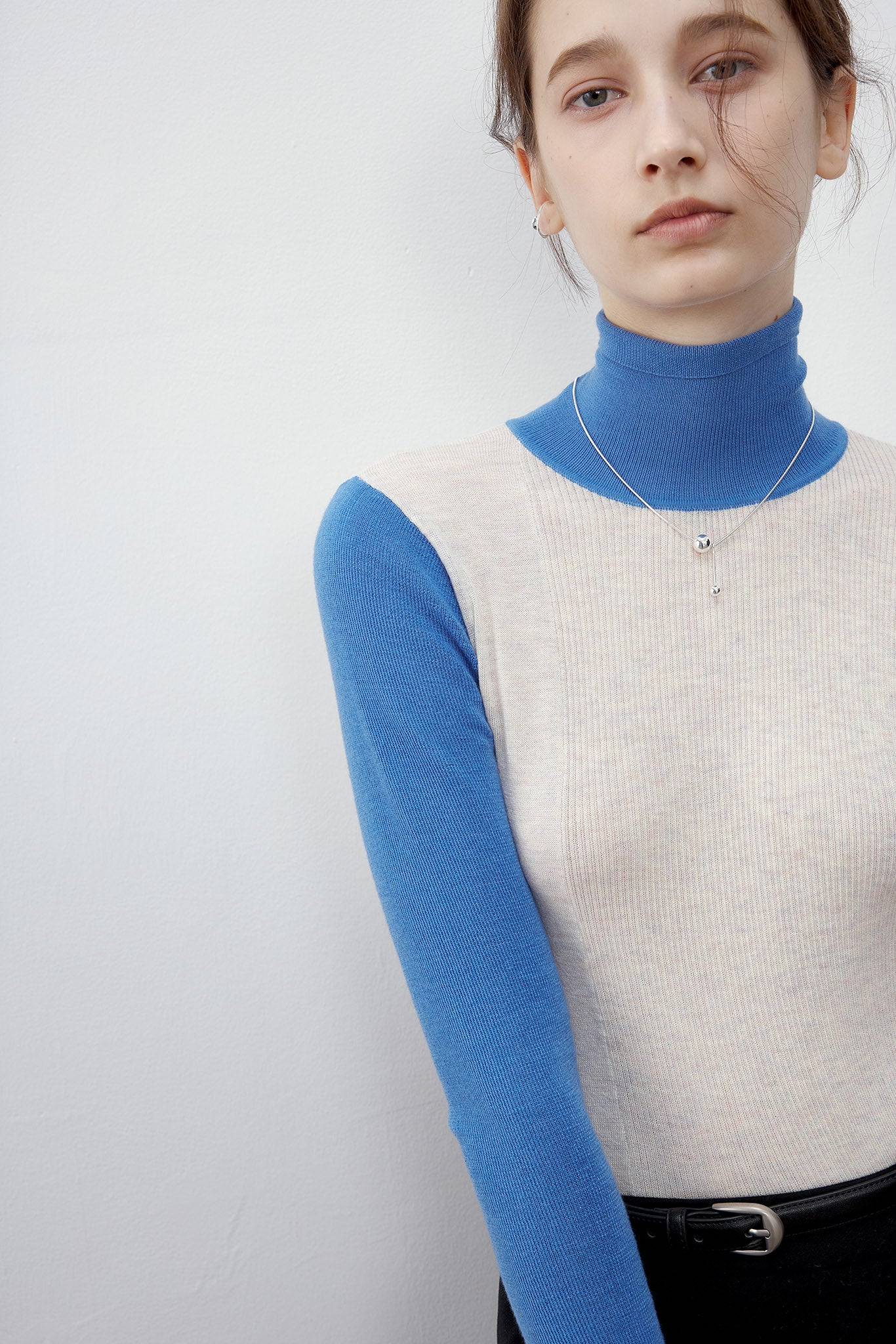 [tageechita] Bicolor high neck wool knit tops