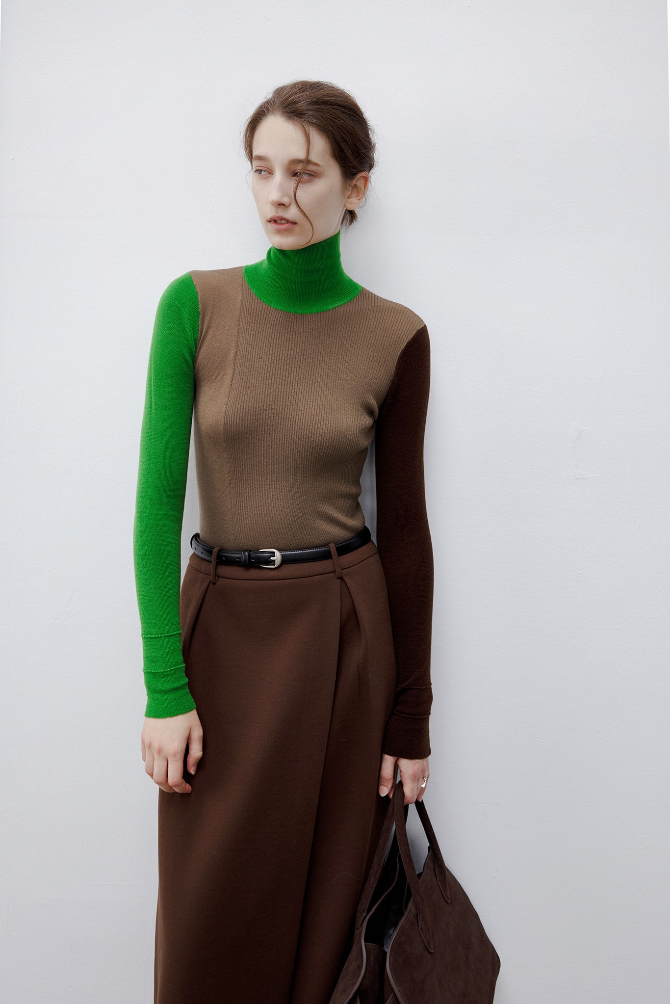 [tageechita] Bicolor high neck wool knit tops