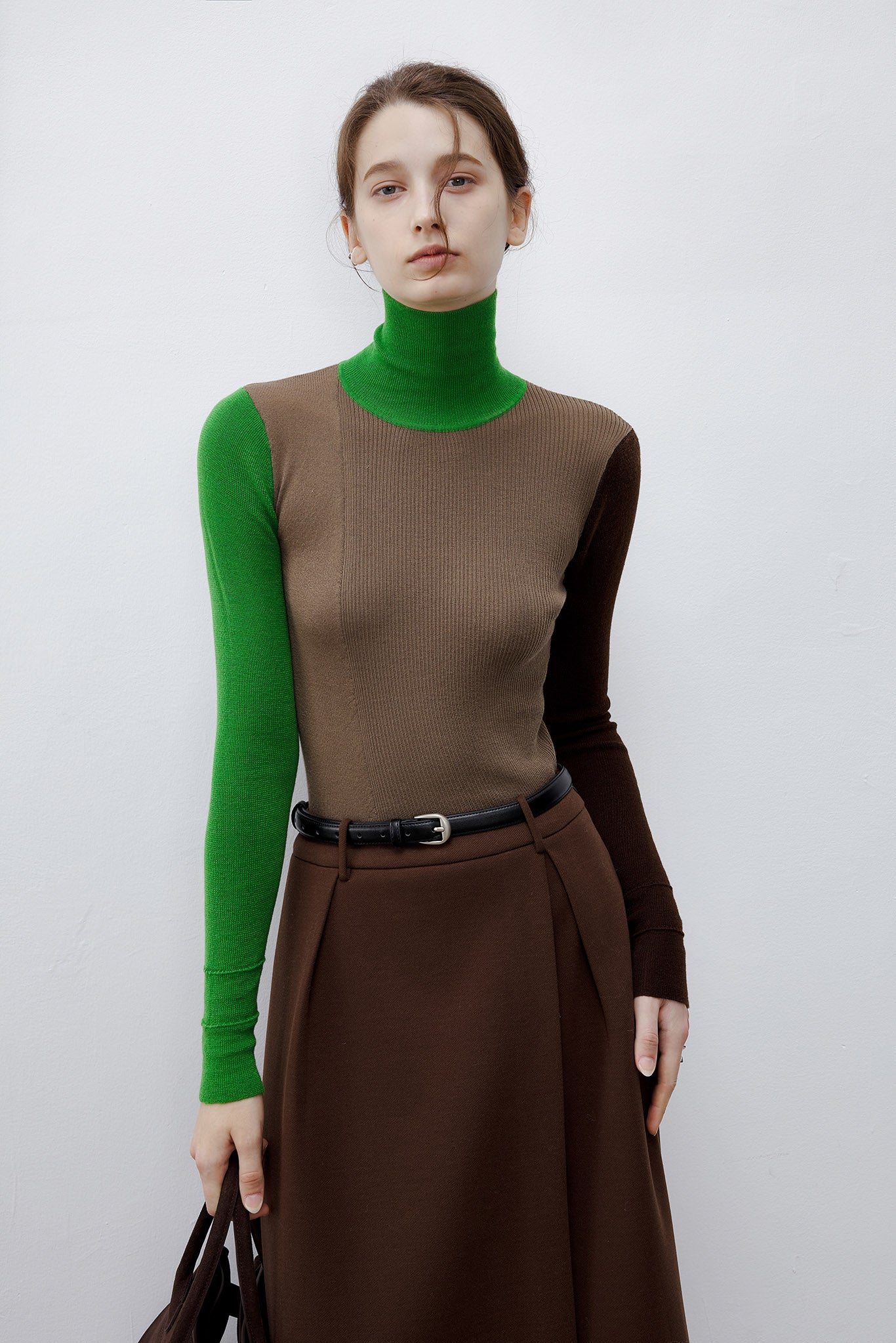 [tageechita] Bicolor high neck wool knit tops