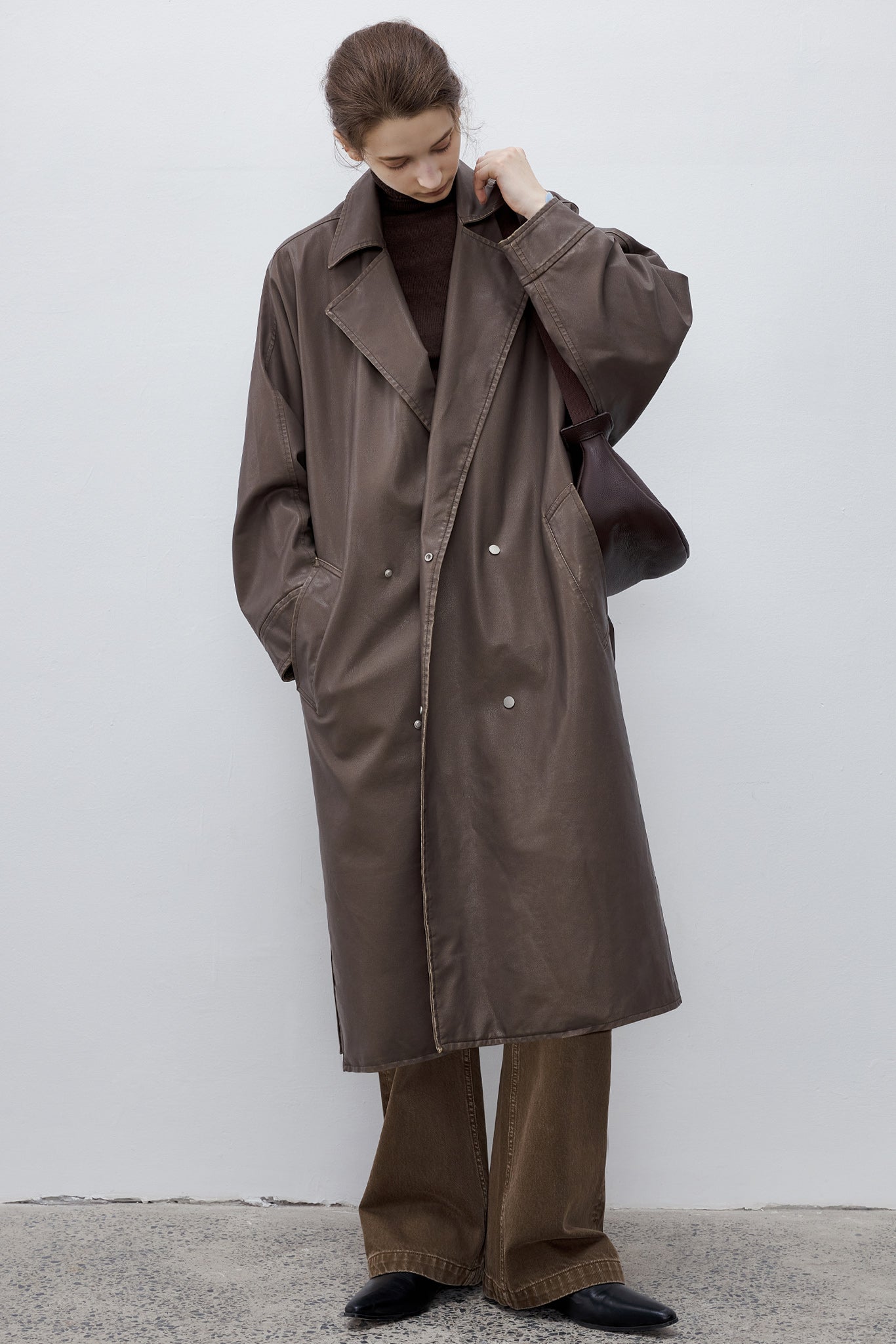 [tageechita] Over silhouette leather long coat