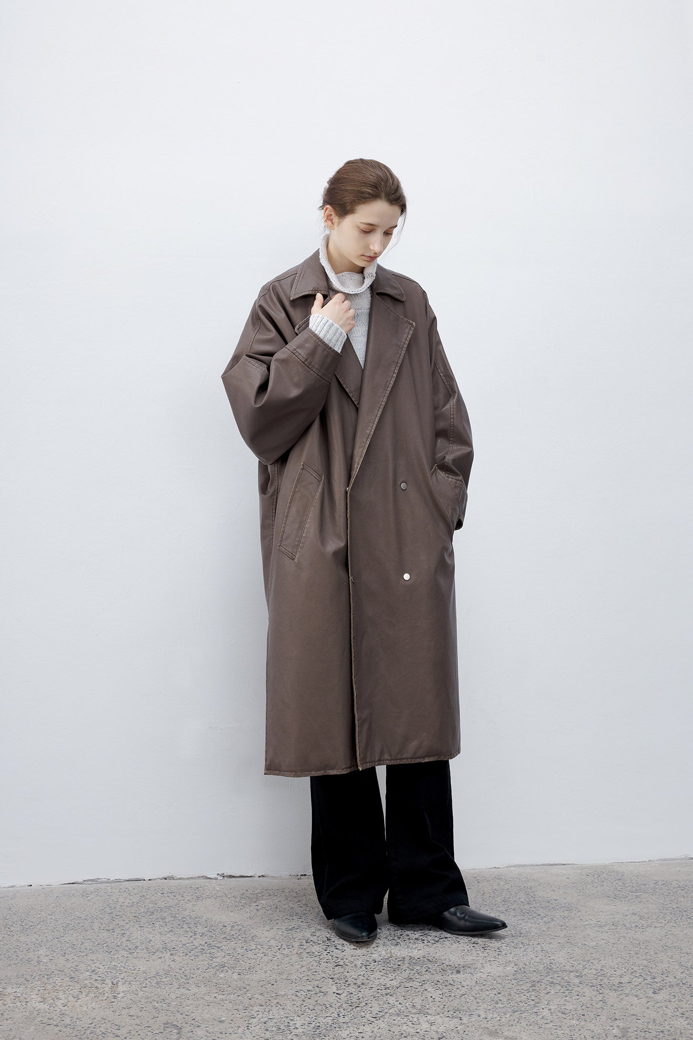 [tageechita] Over silhouette leather long coat