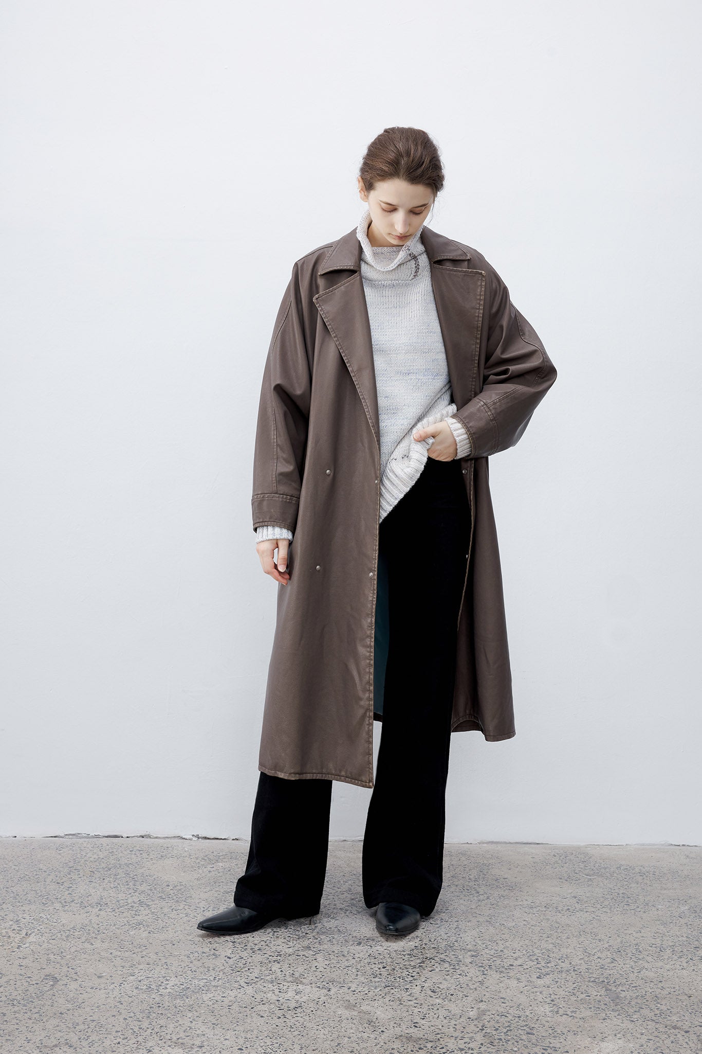 [tageechita] Over silhouette leather long coat