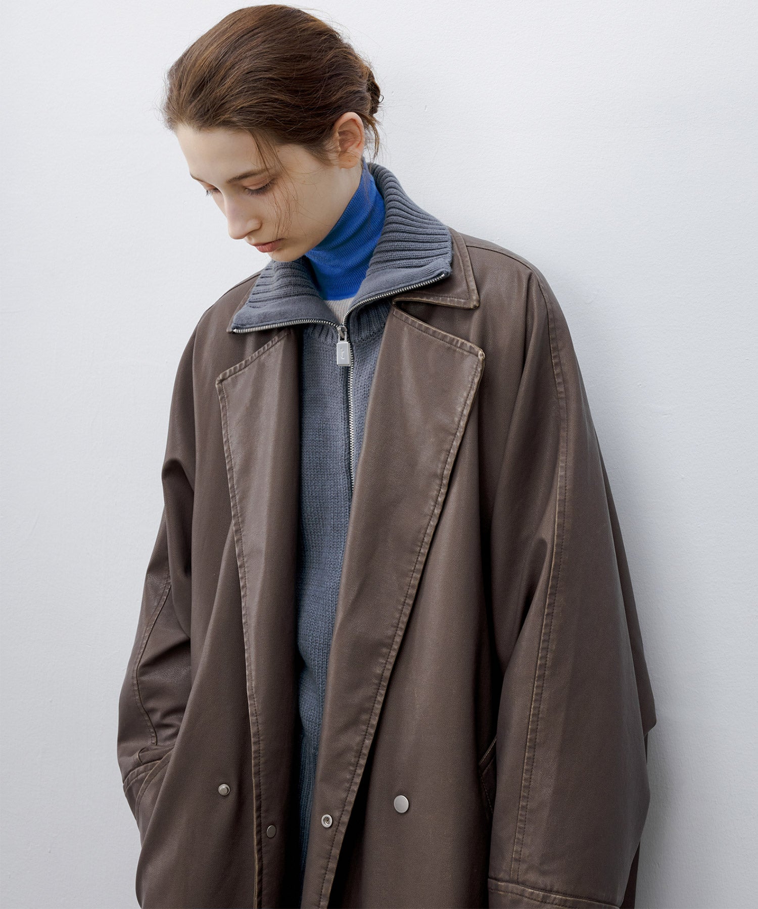 [tageechita] Over silhouette leather long coat