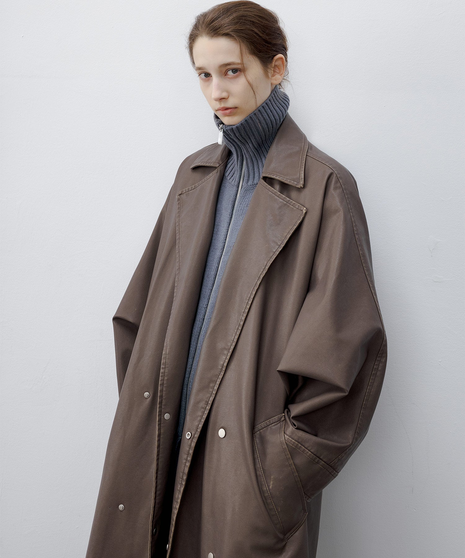 [tageechita] Over silhouette leather long coat