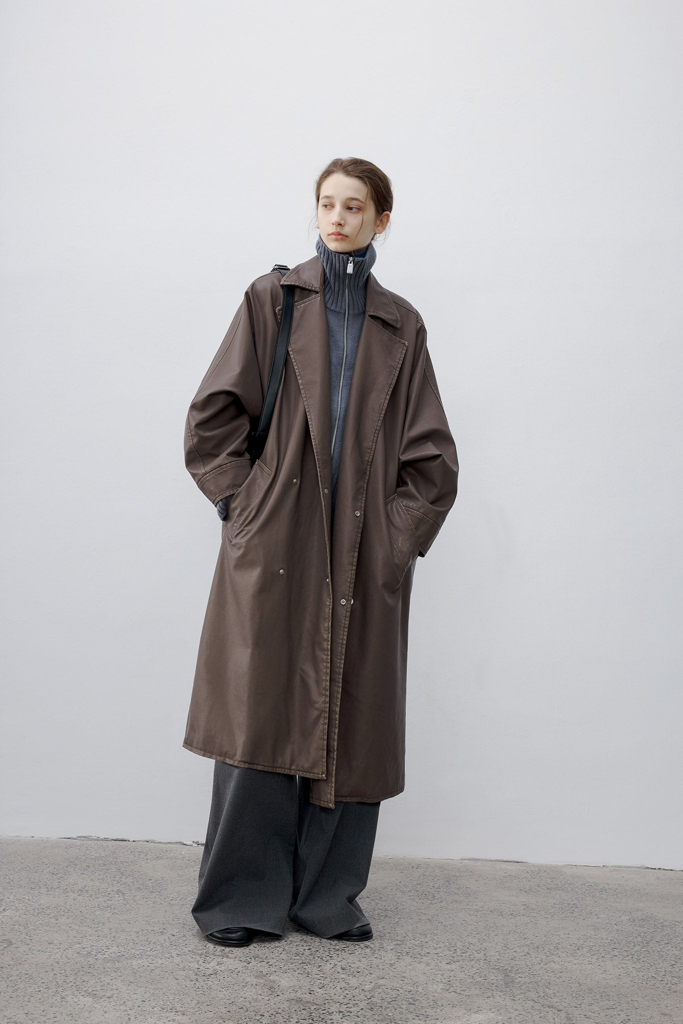 [tageechita] Over silhouette leather long coat