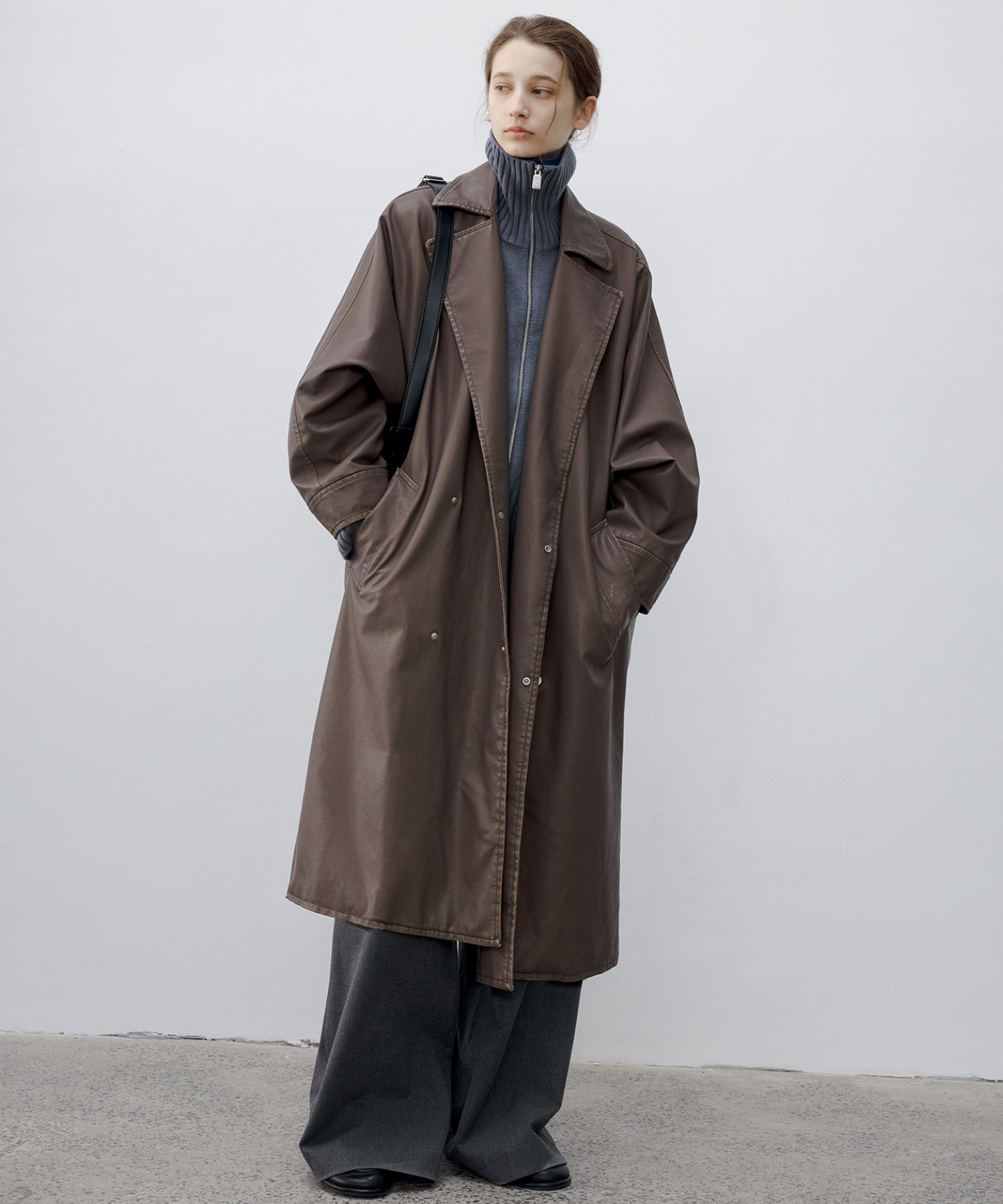 [tageechita] Over silhouette leather long coat