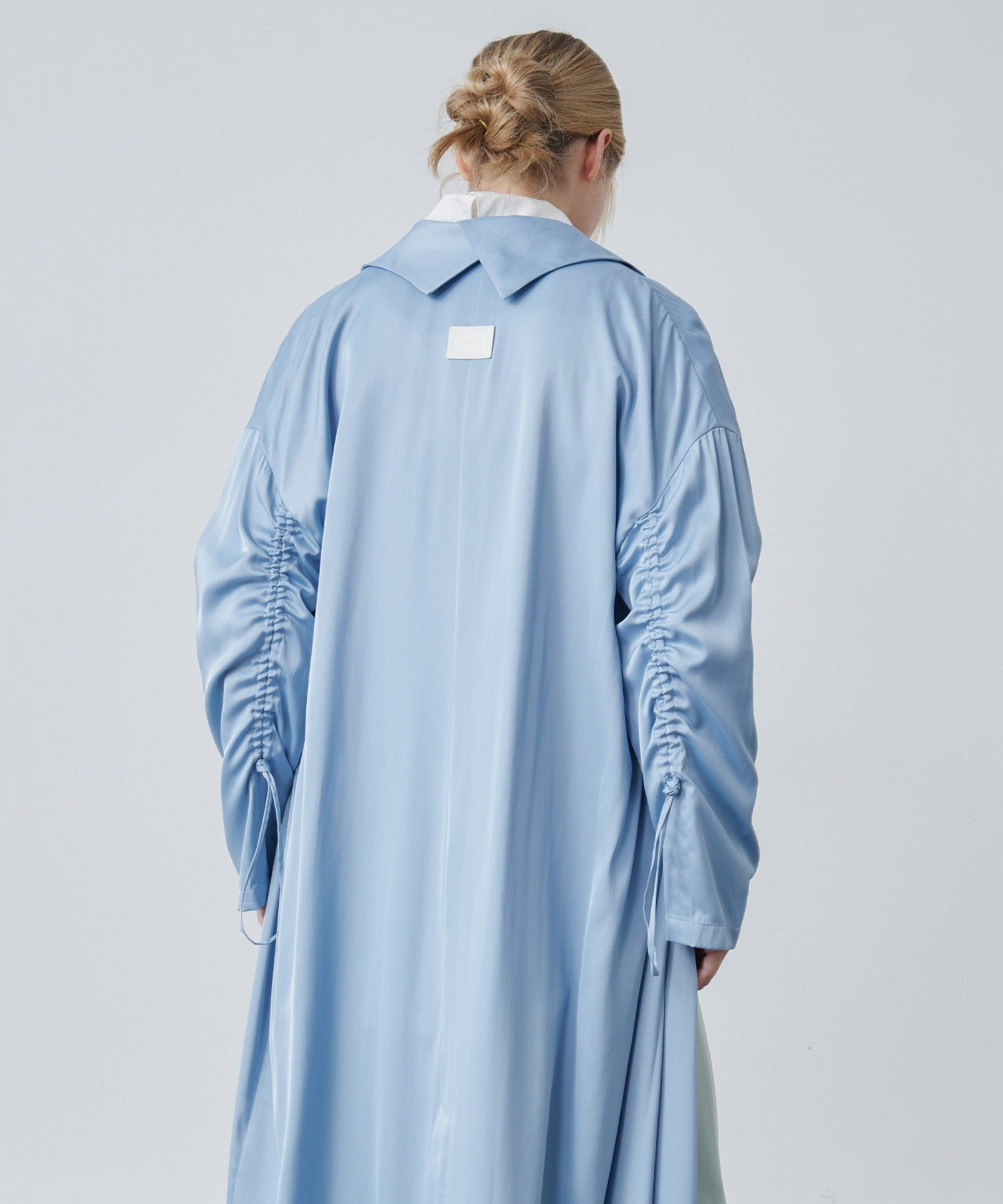 Gathered Sleeve Draped Satin Long Coat