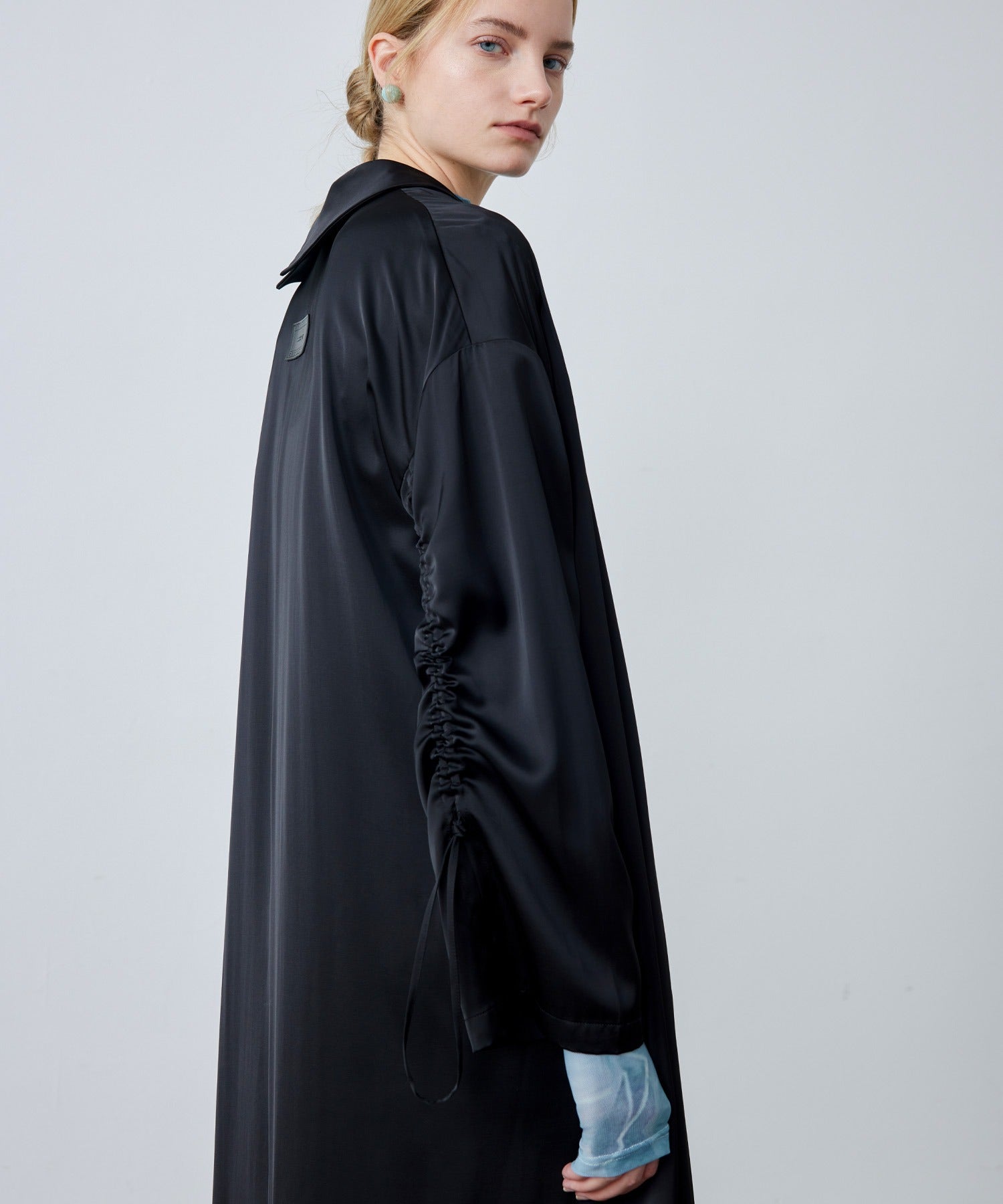 Gathered Sleeve Draped Satin Long Coat