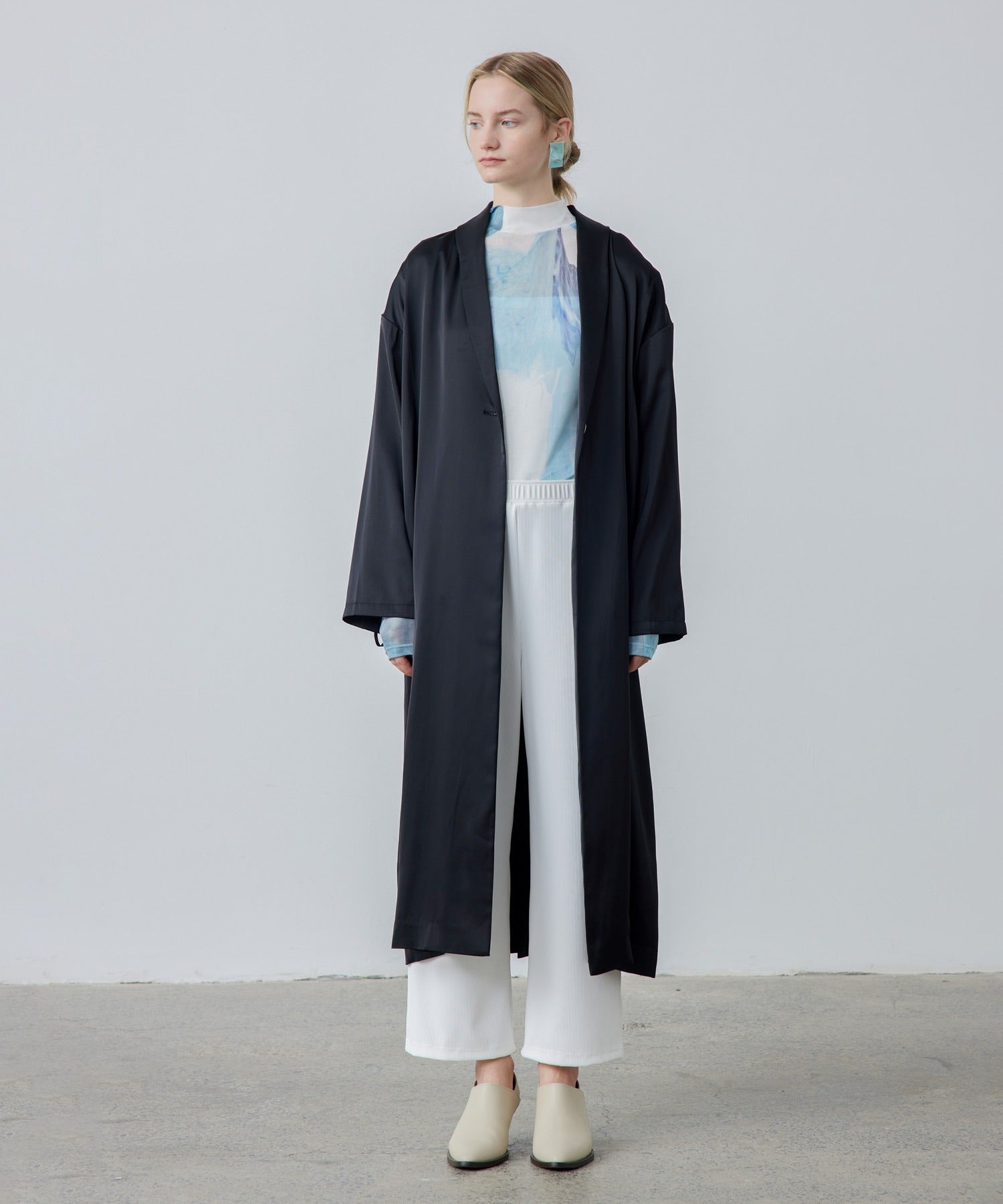 Gathered Sleeve Draped Satin Long Coat