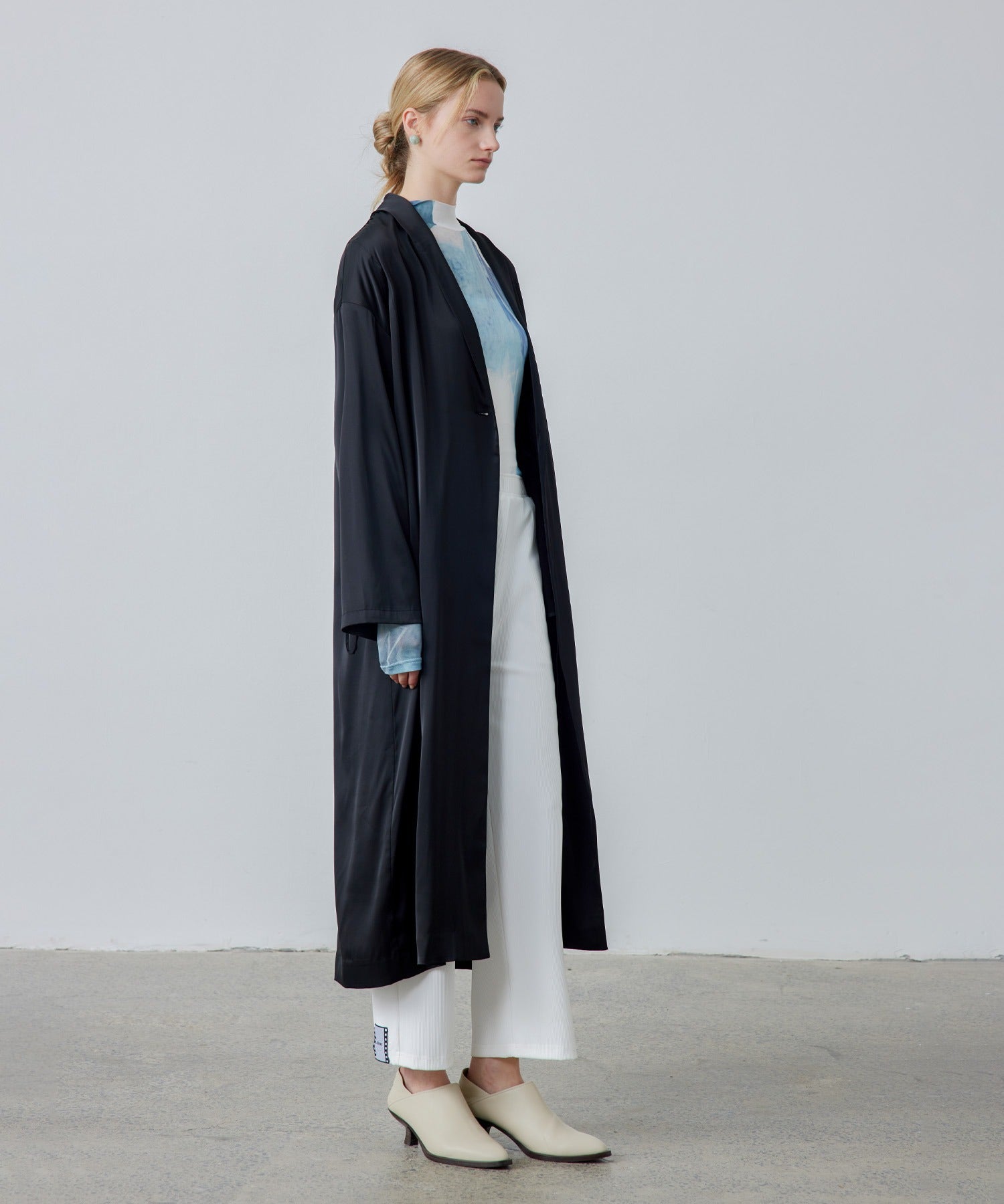 Gathered Sleeve Draped Satin Long Coat