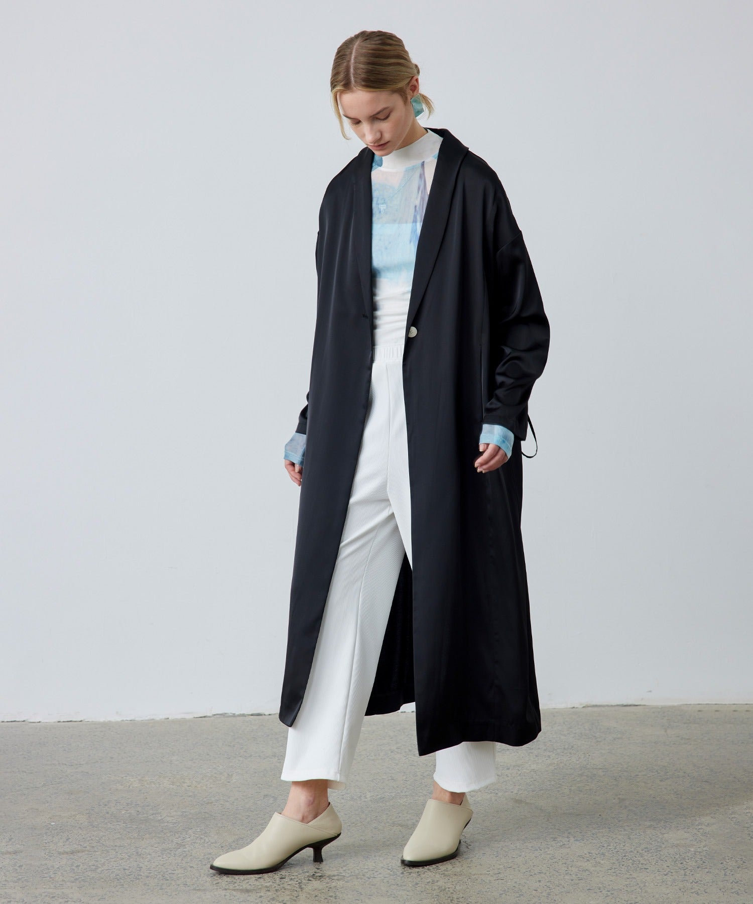 Gathered Sleeve Draped Satin Long Coat