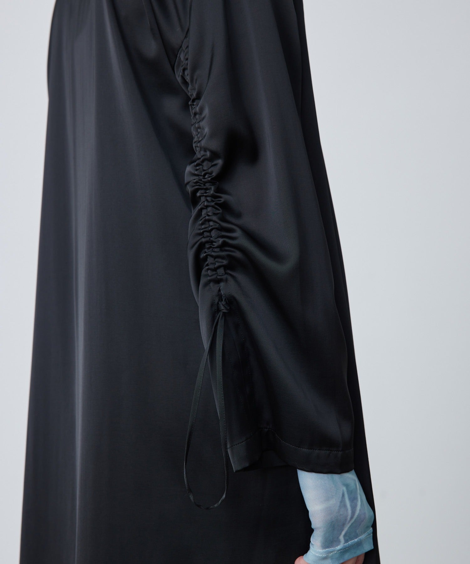 Gathered Sleeve Draped Satin Long Coat