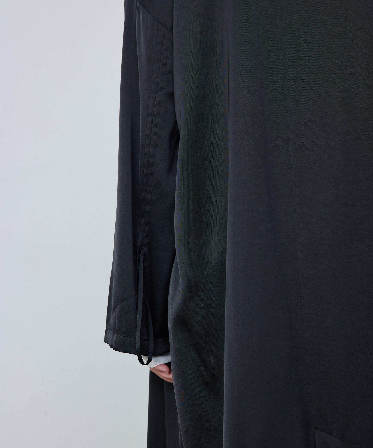 Gathered Sleeve Draped Satin Long Coat