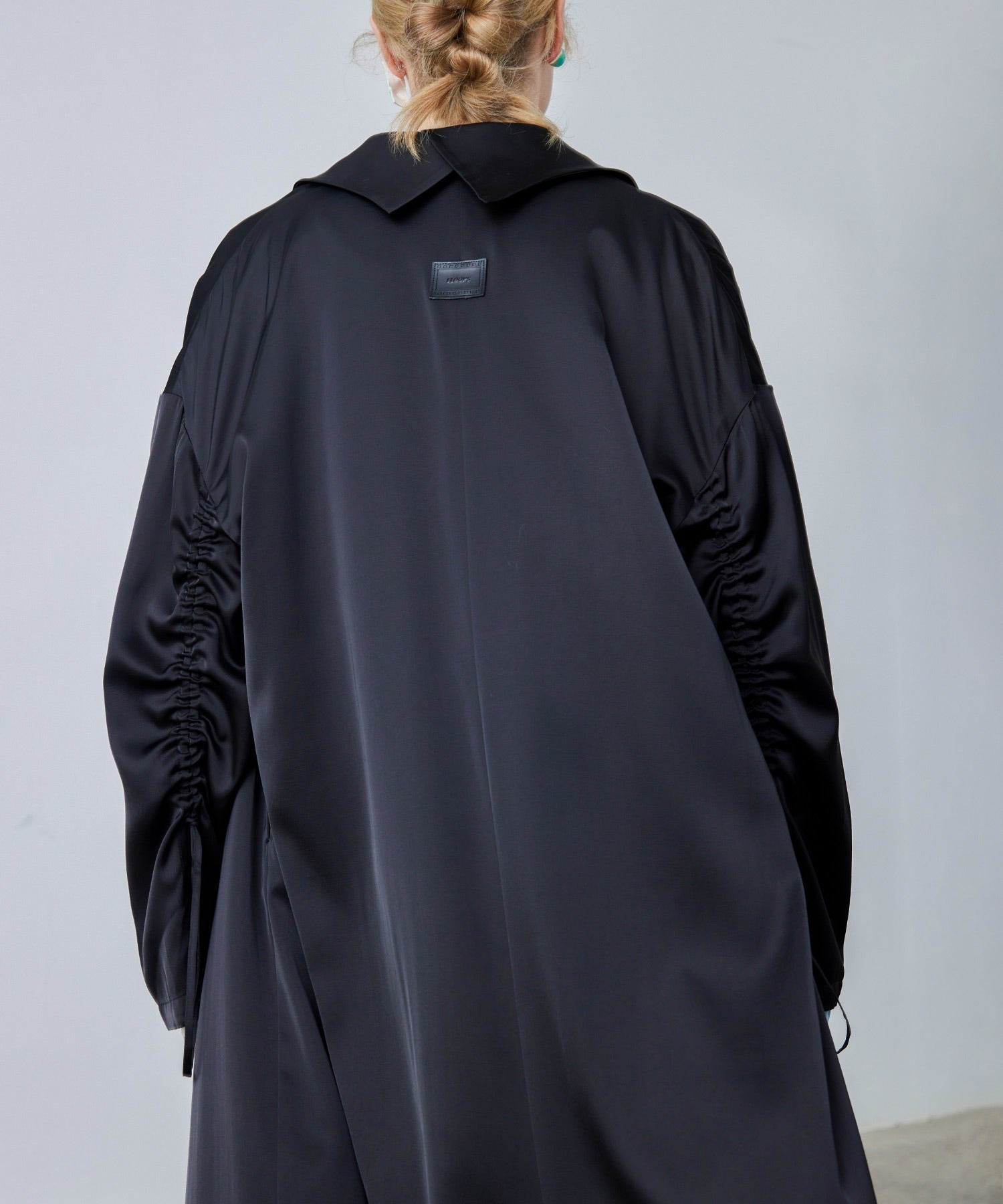 Gathered Sleeve Draped Satin Long Coat