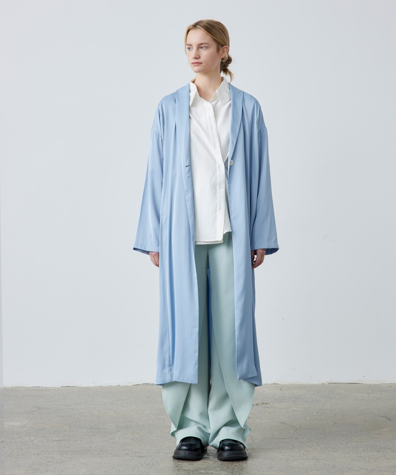 Gathered Sleeve Draped Satin Long Coat