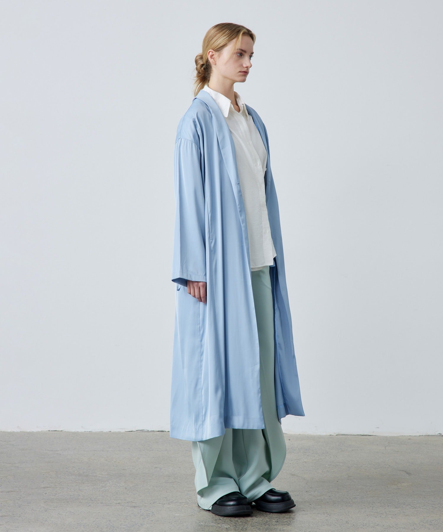 Gathered Sleeve Draped Satin Long Coat