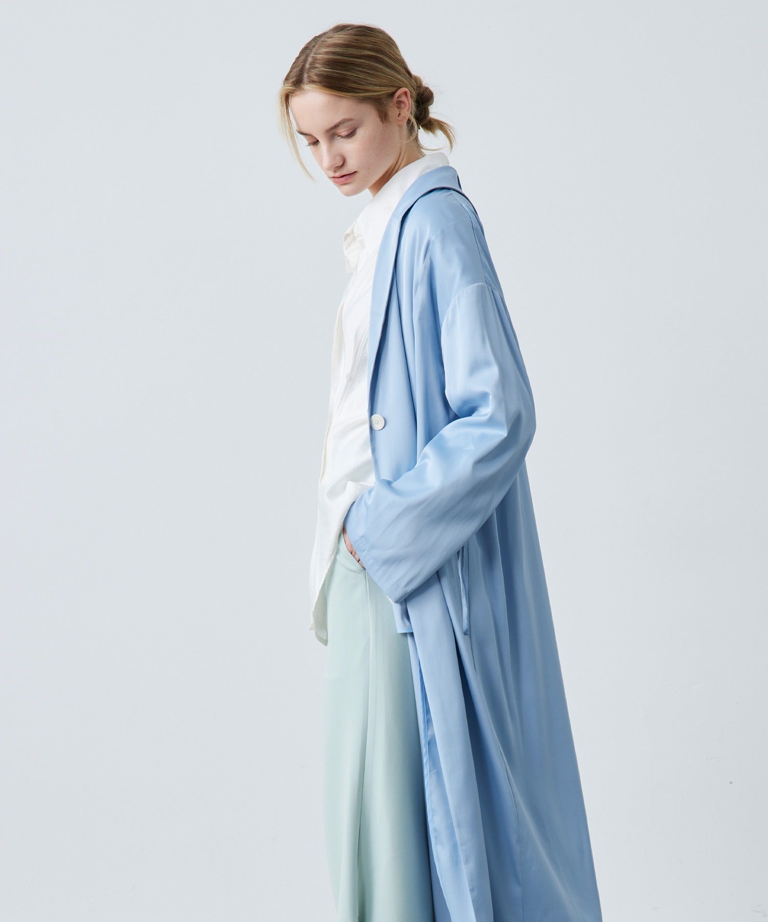 Gathered Sleeve Draped Satin Long Coat