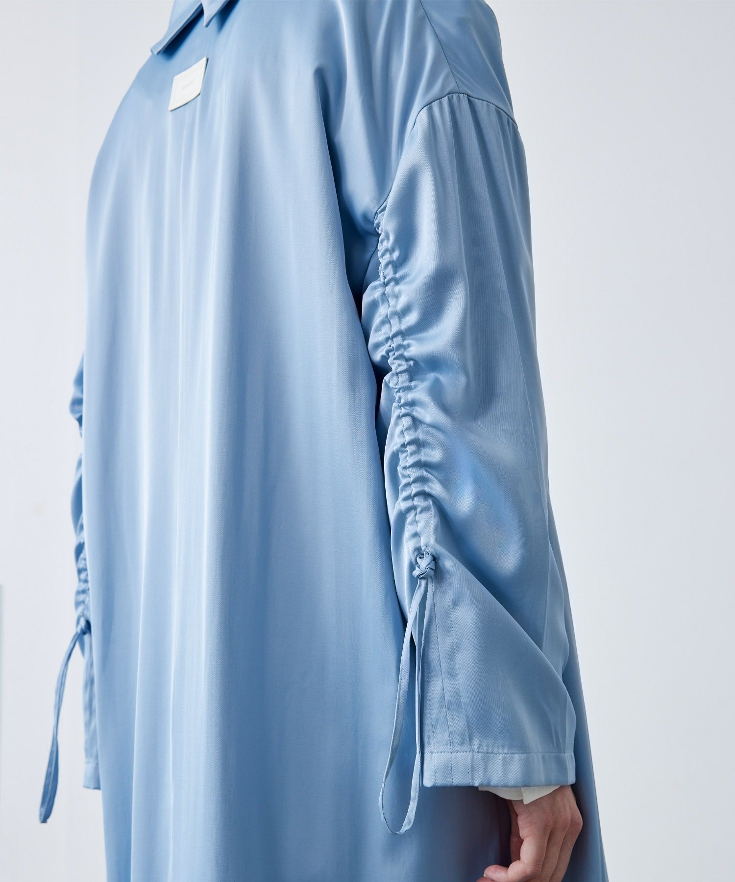 Gathered Sleeve Draped Satin Long Coat