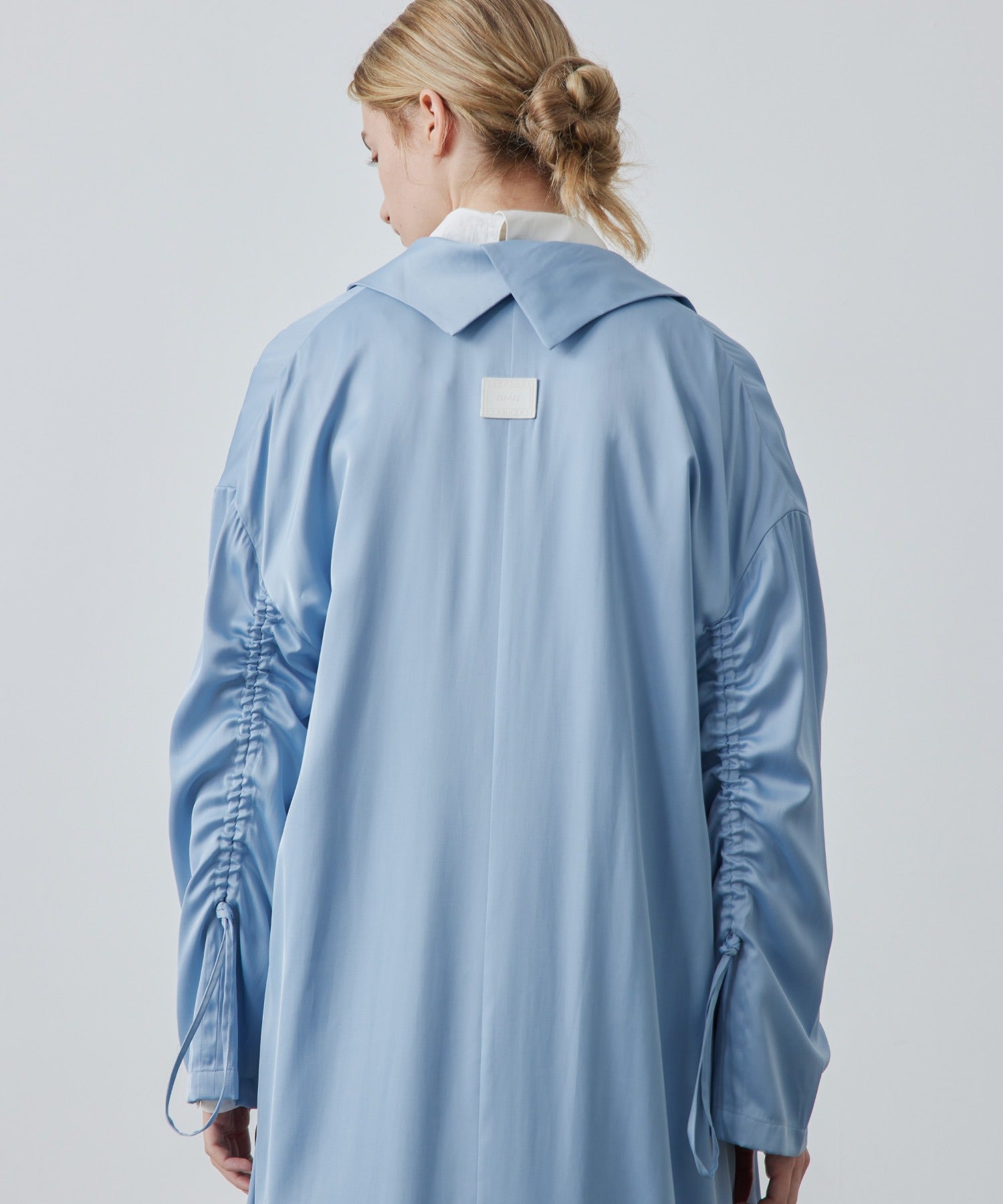 Gathered Sleeve Draped Satin Long Coat